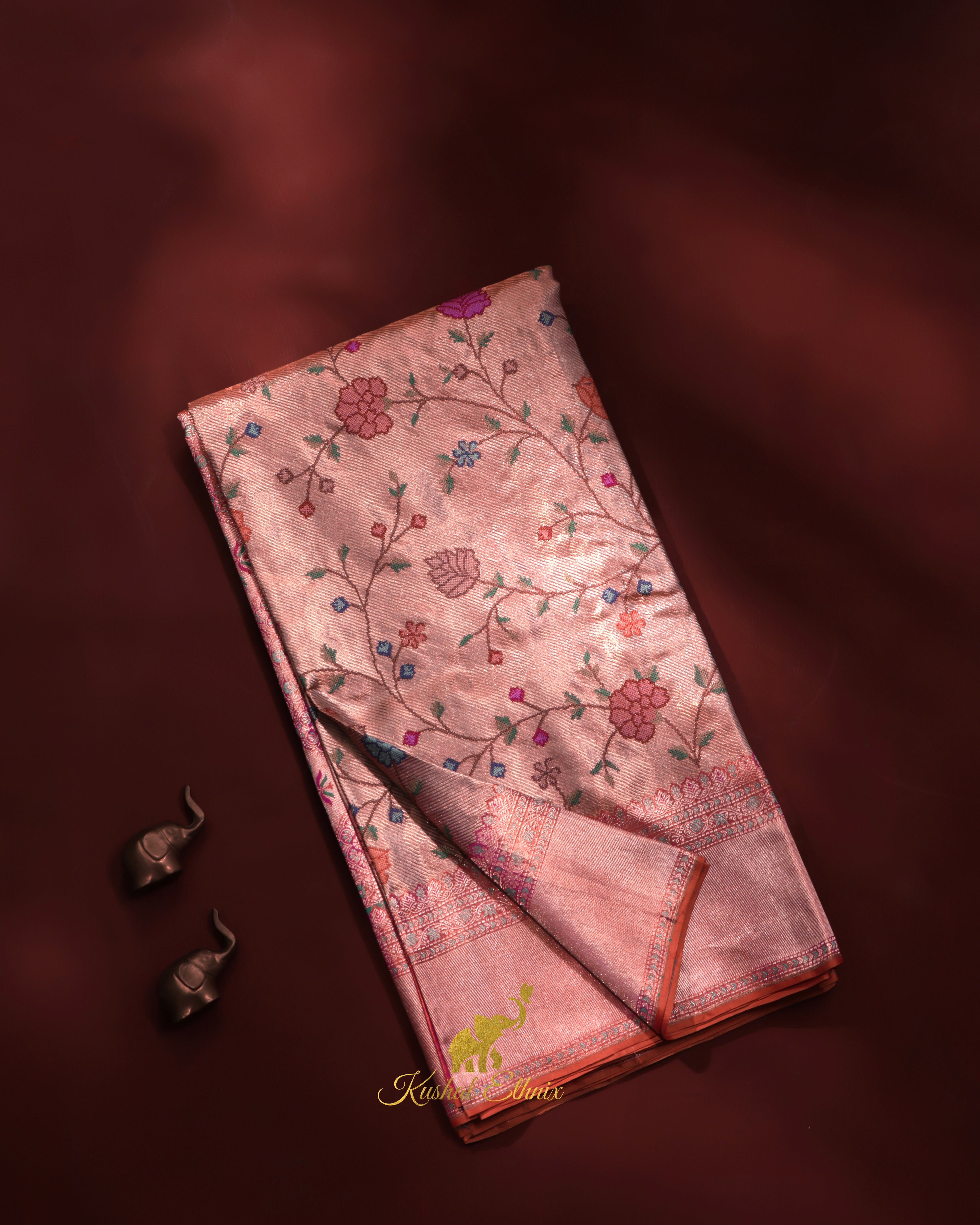 Gold & Pink Kanchipattu Saree with Petit Point Work