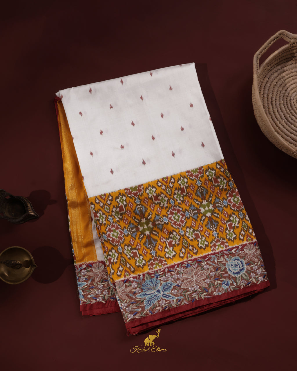 White & Yellow Ikkat Saree with Petit Point Work