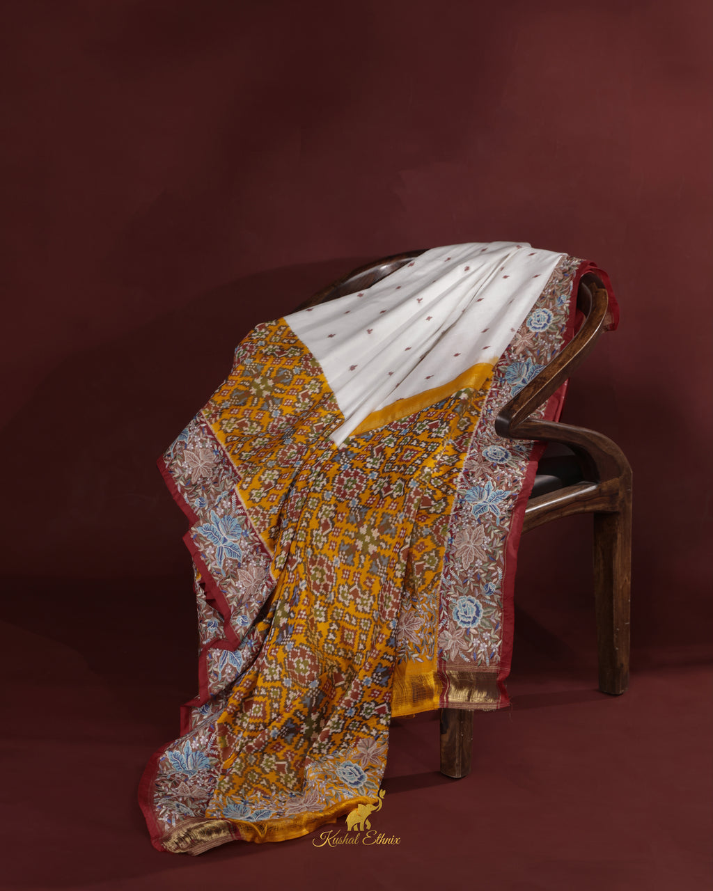 White & Yellow Ikkat Saree with Petit Point Work