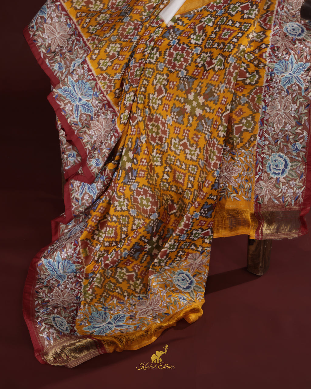 White & Yellow Ikkat Saree with Petit Point Work
