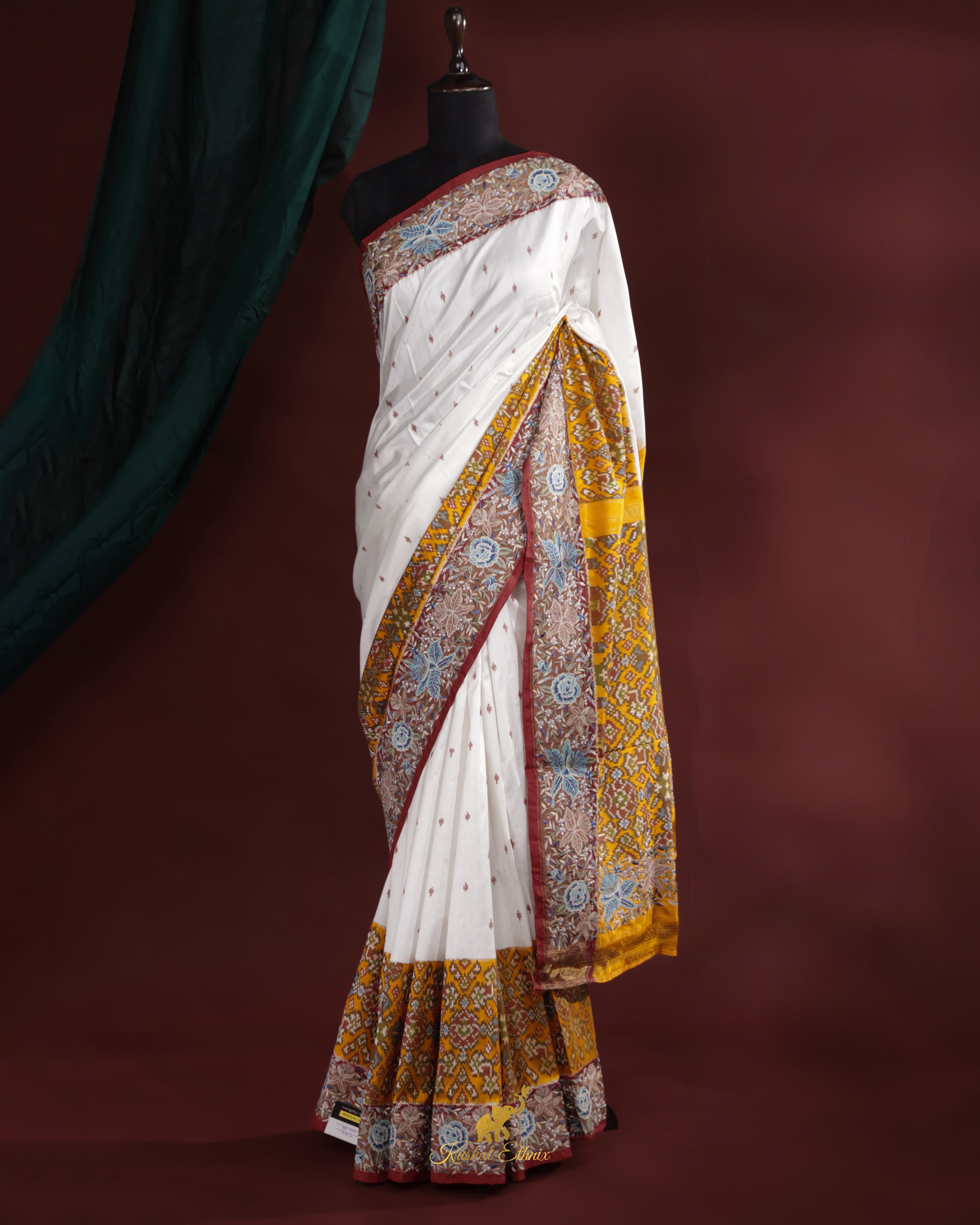 White & Yellow Ikkat Saree with Petit Point Work