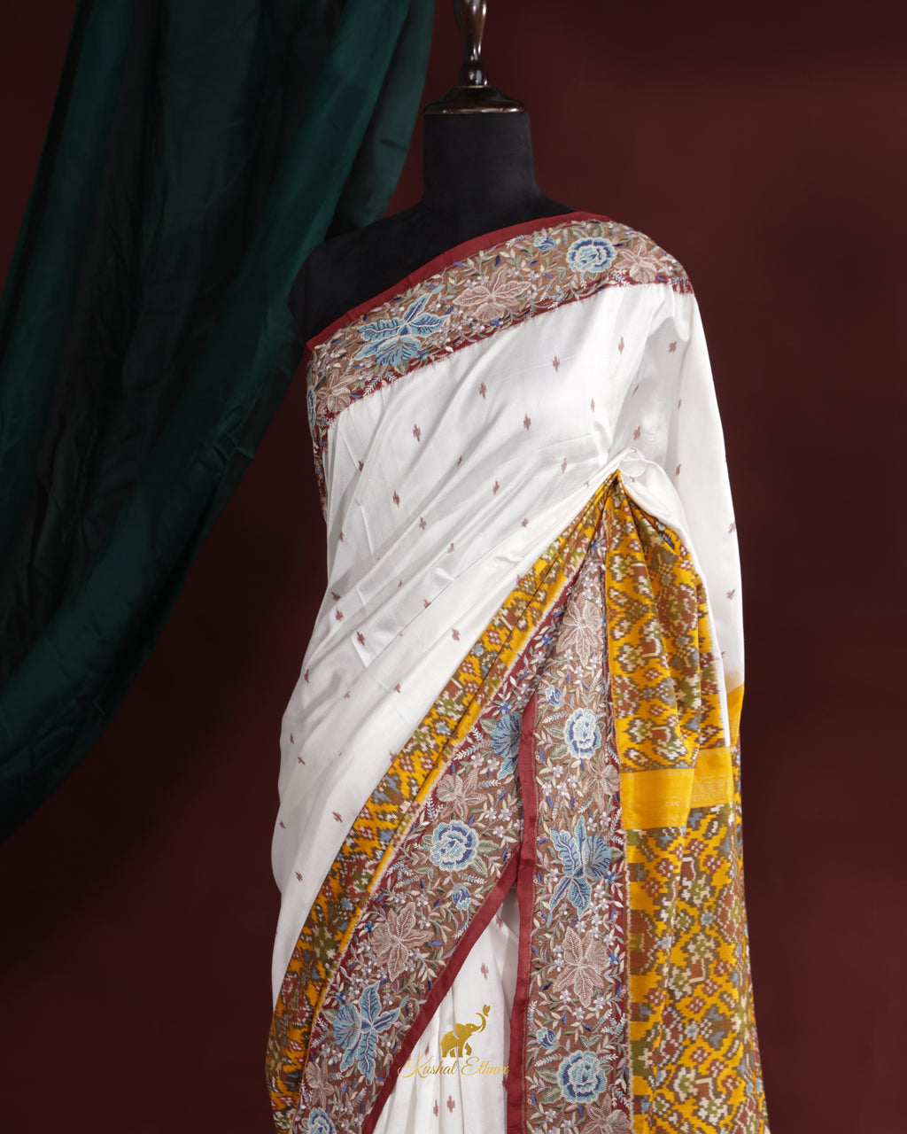 White & Yellow Ikkat Saree with Petit Point Work