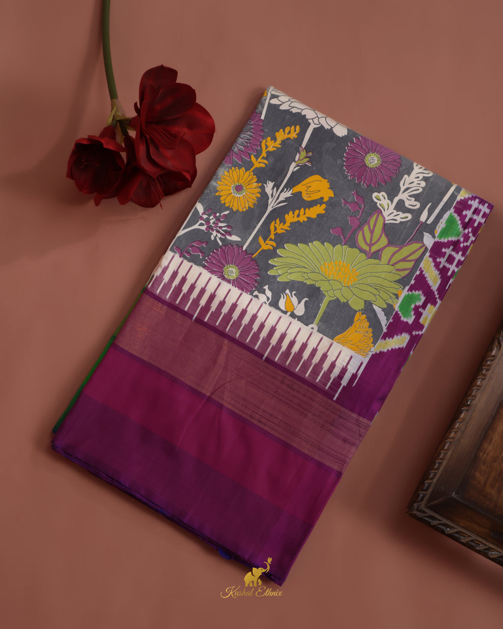 Grey Floral Ikkat Saree