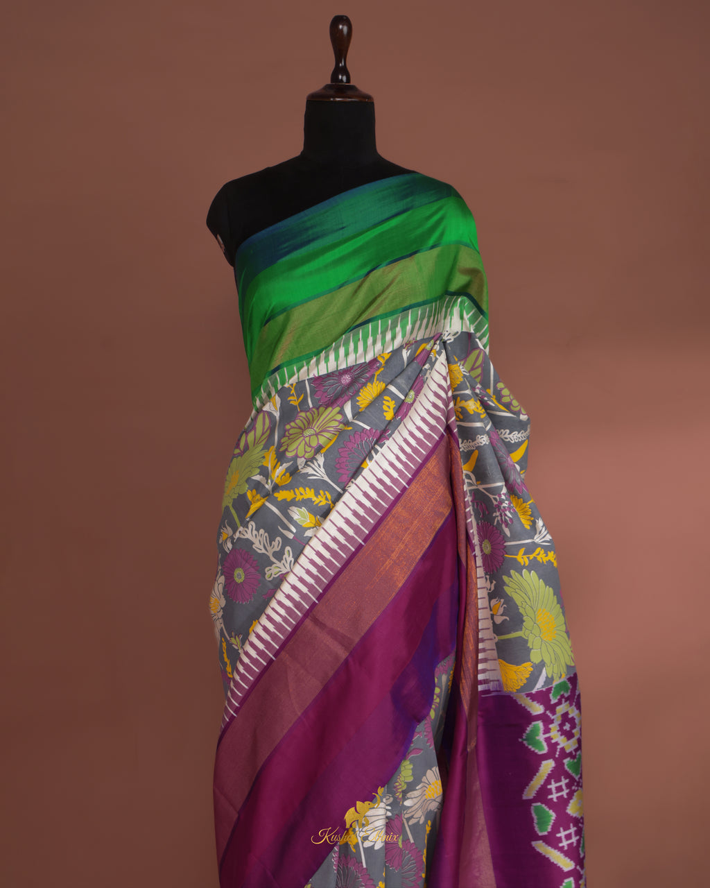 Grey Floral Ikkat Saree