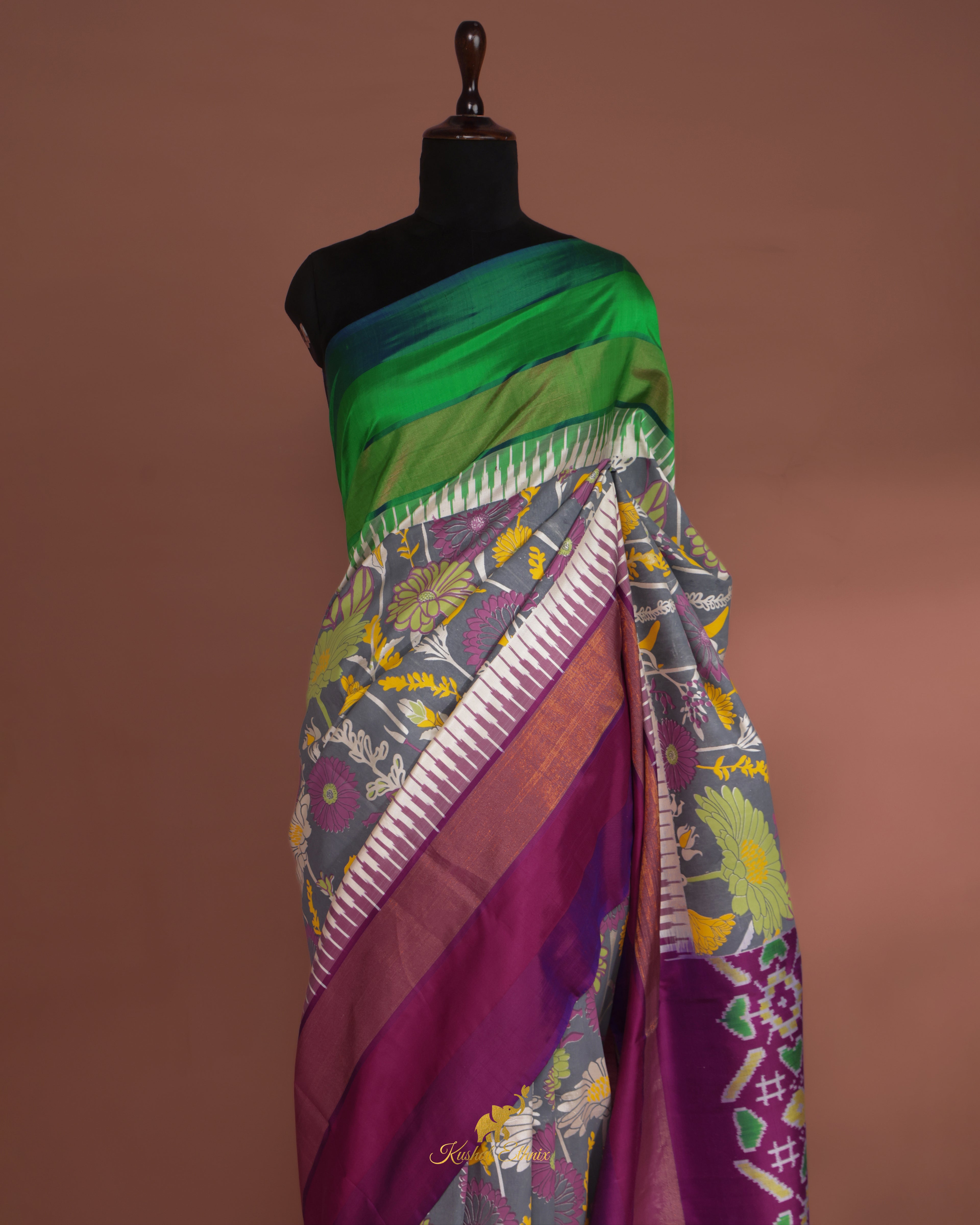 Grey Floral Ikkat Saree