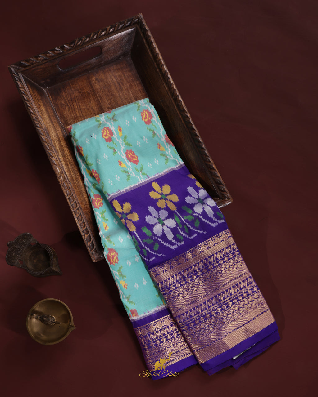 Sky Blue & Purple Twill Ikkat Silk Saree