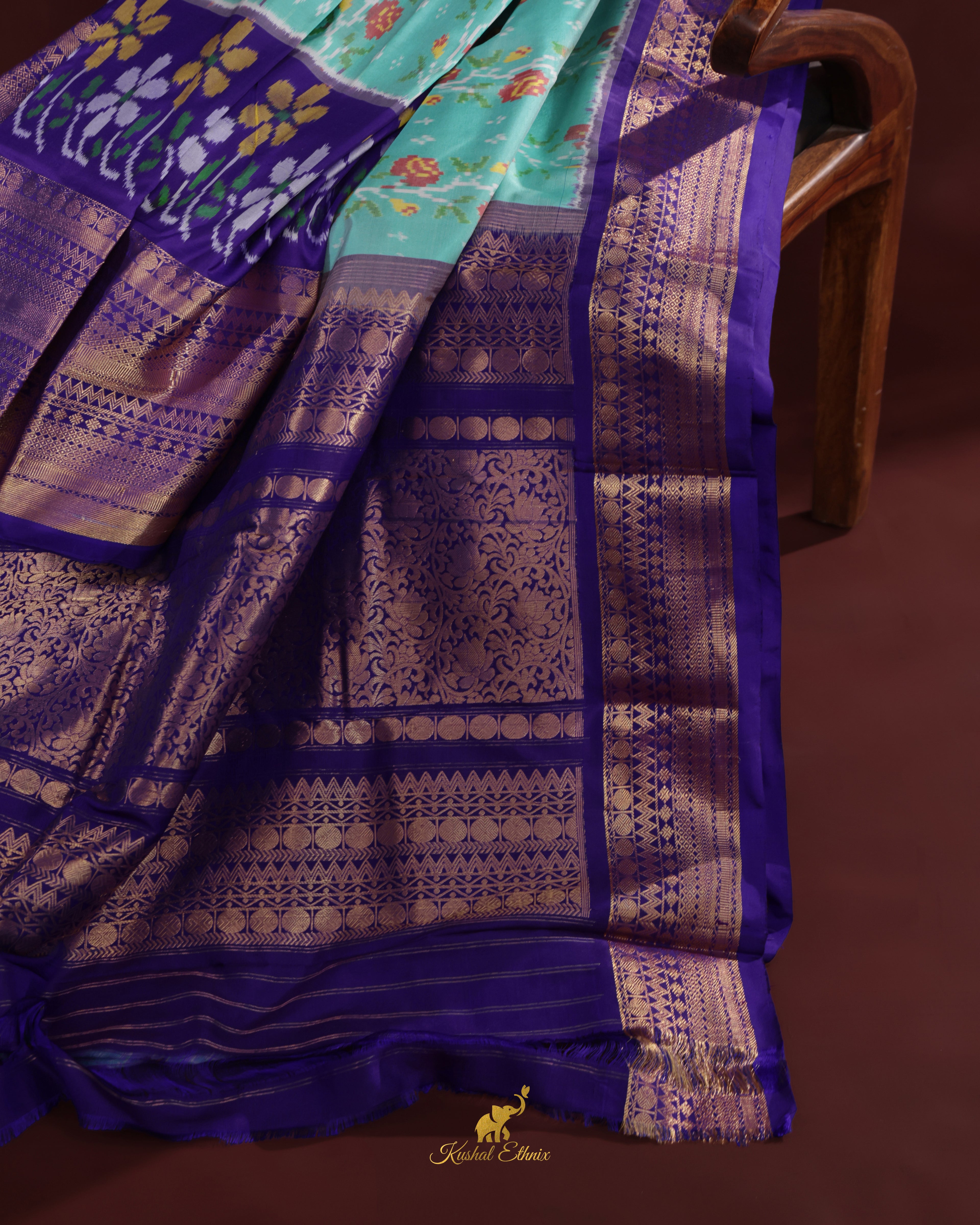 Sky Blue & Purple Twill Ikkat Silk Saree