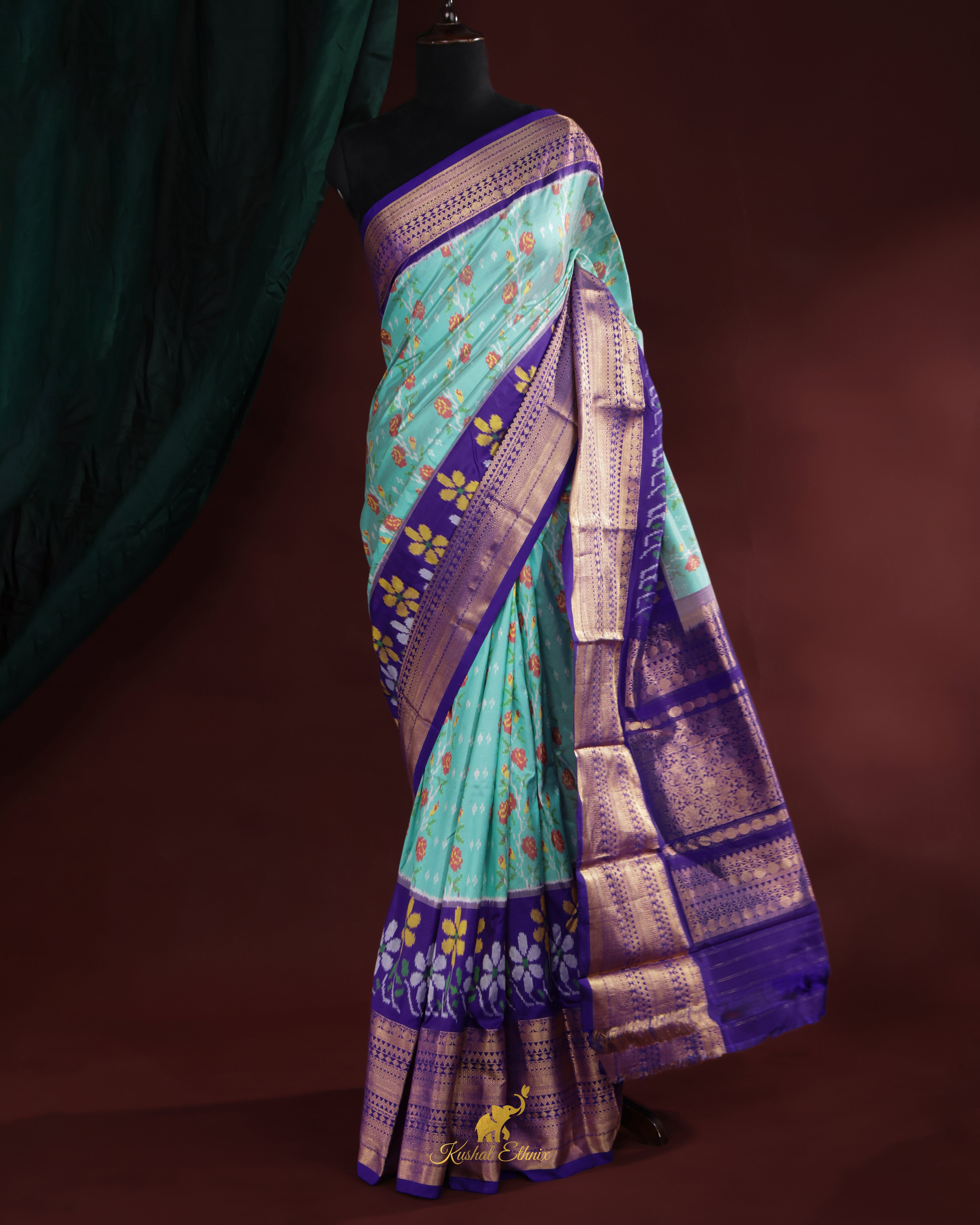 Sky Blue & Purple Twill Ikkat Silk Saree