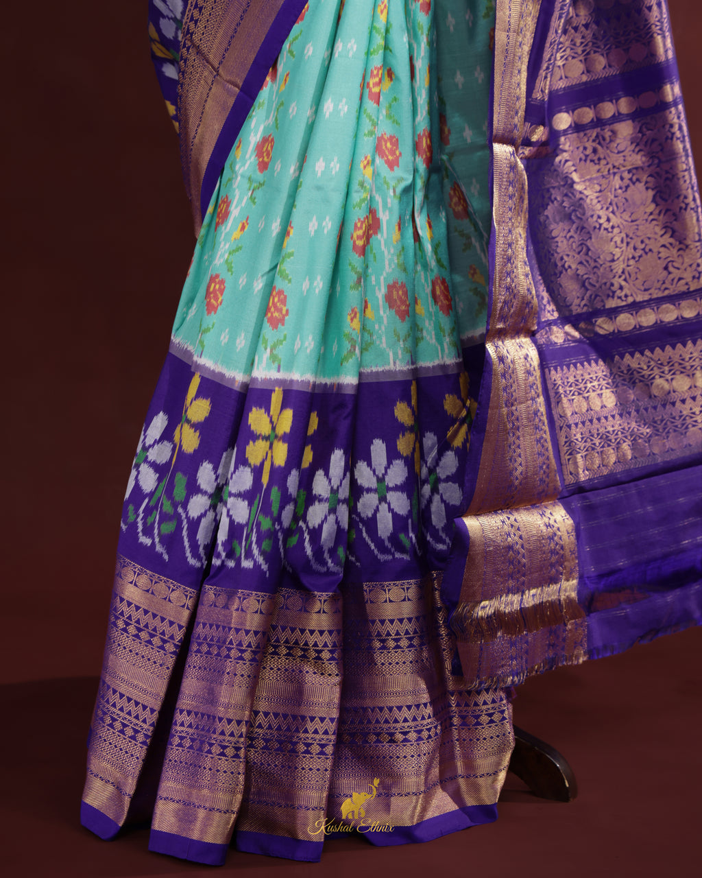 Sky Blue & Purple Twill Ikkat Silk Saree