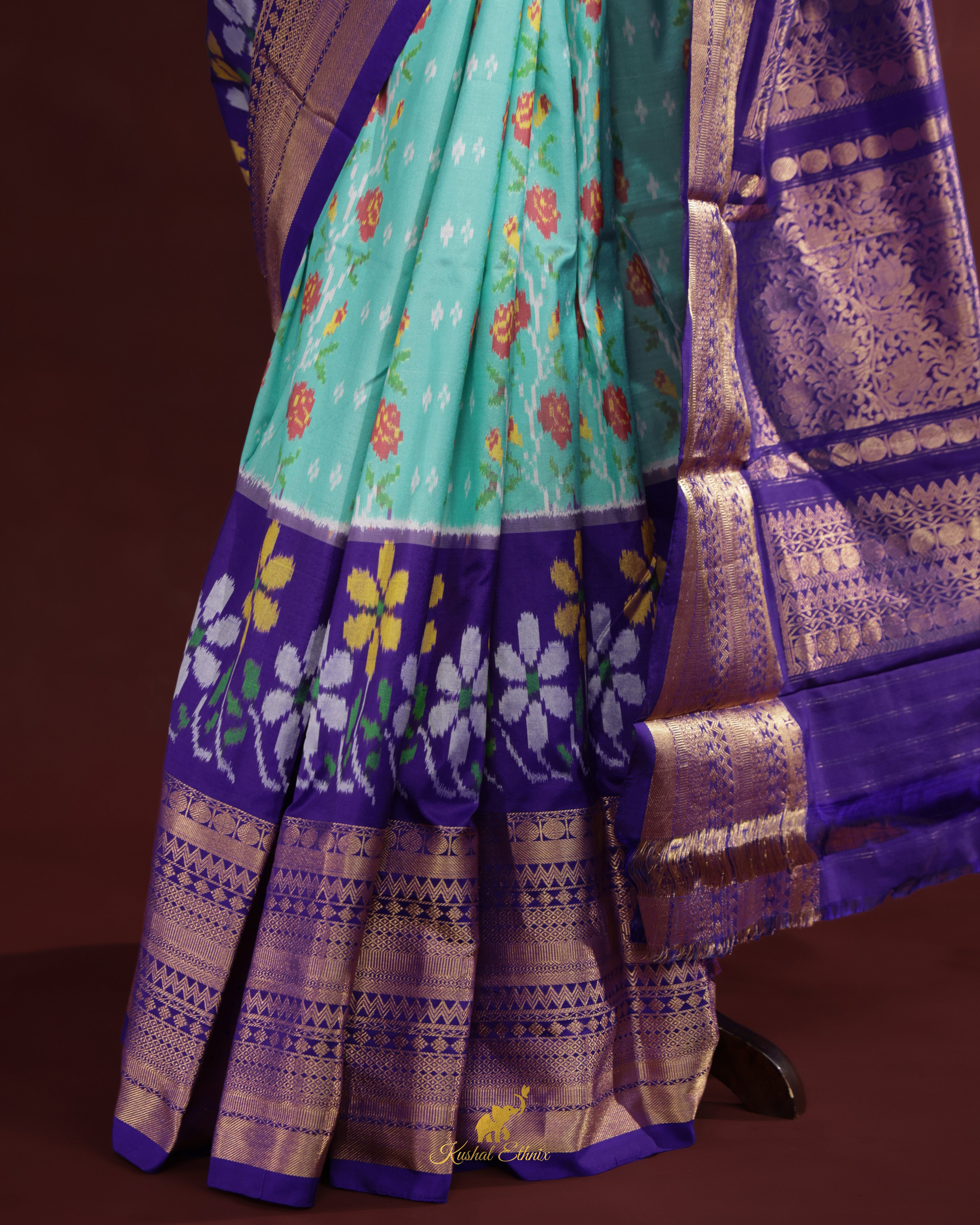 Sky Blue & Purple Twill Ikkat Silk Saree