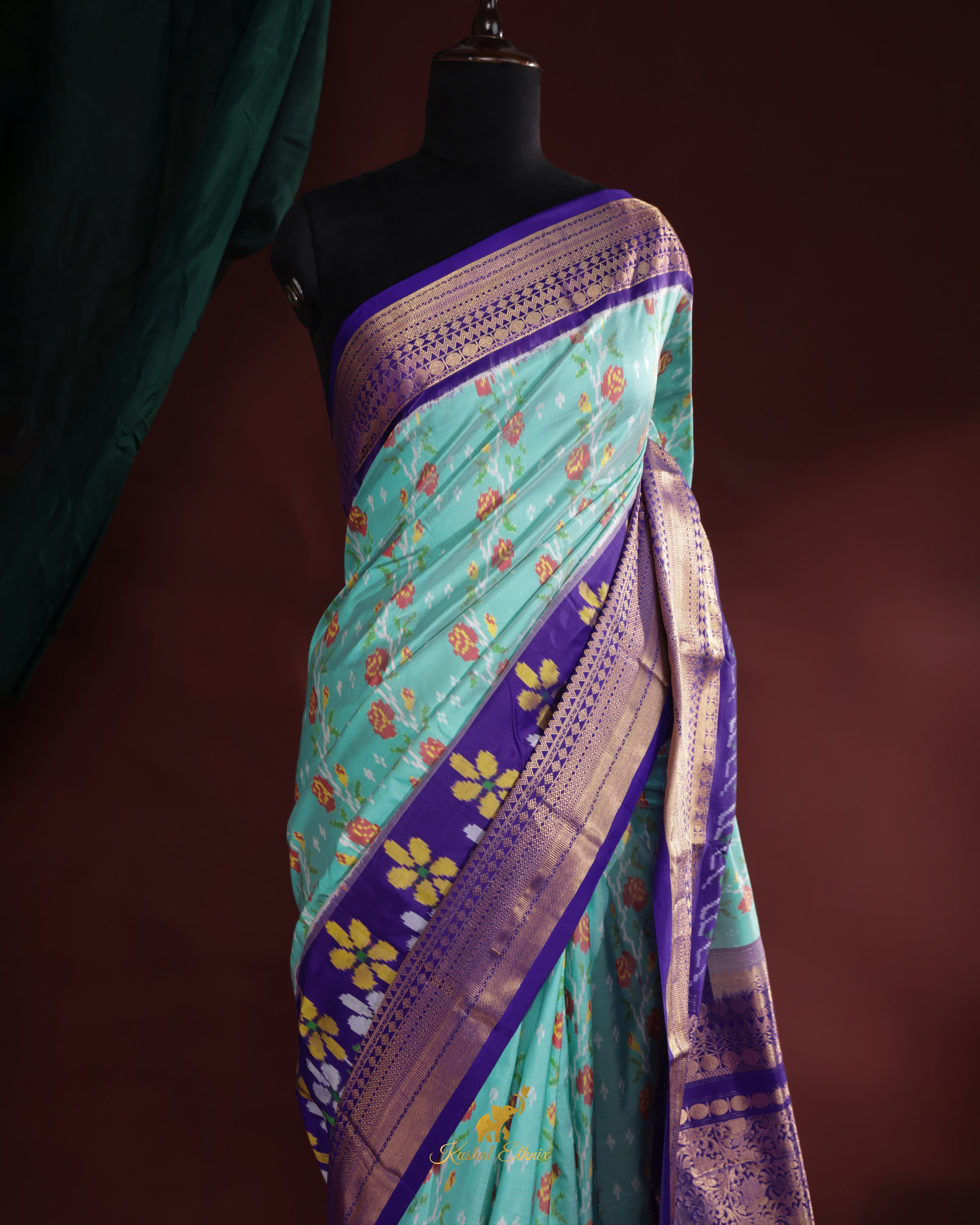 Sky Blue & Purple Twill Ikkat Silk Saree