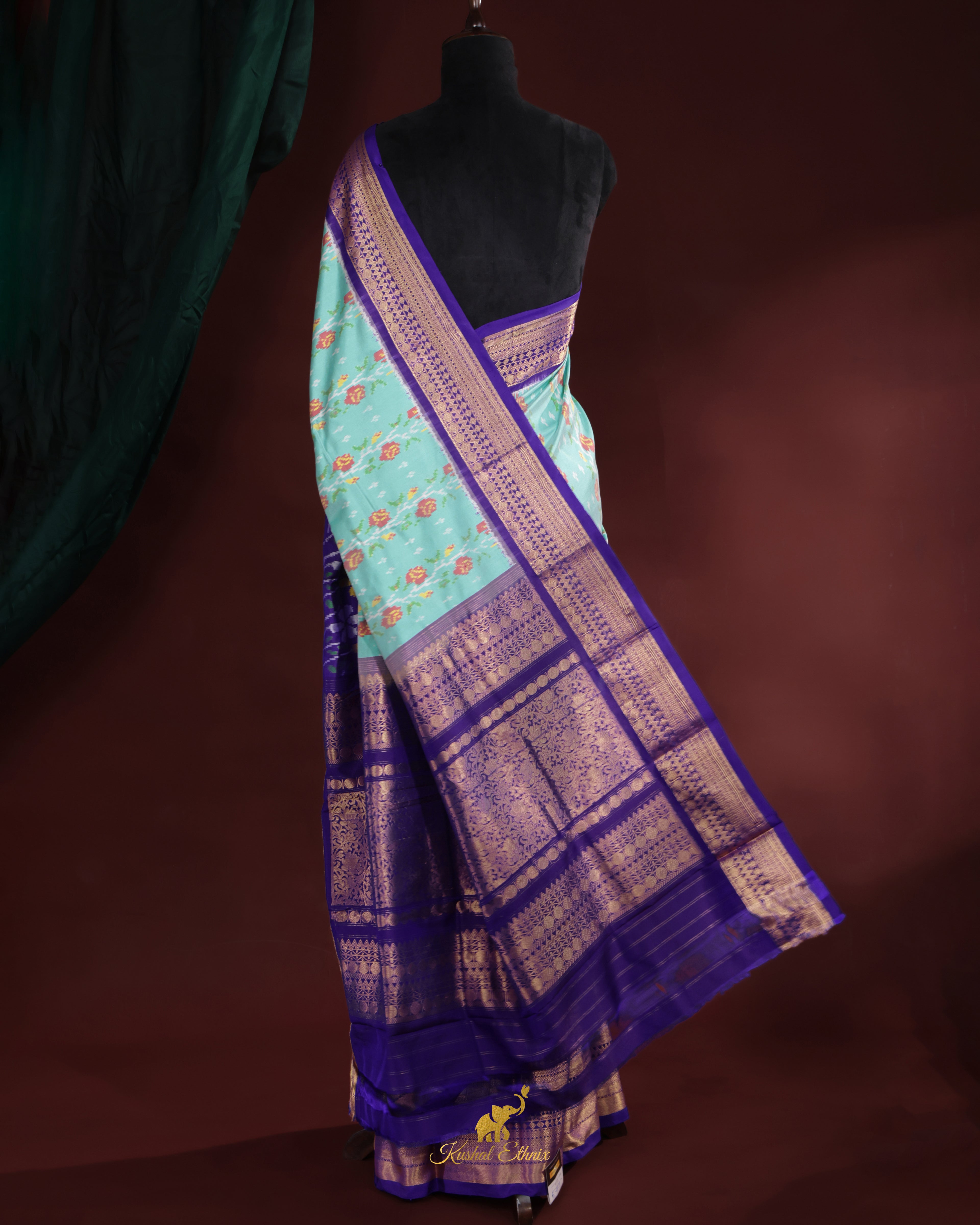 Sky Blue & Purple Twill Ikkat Silk Saree