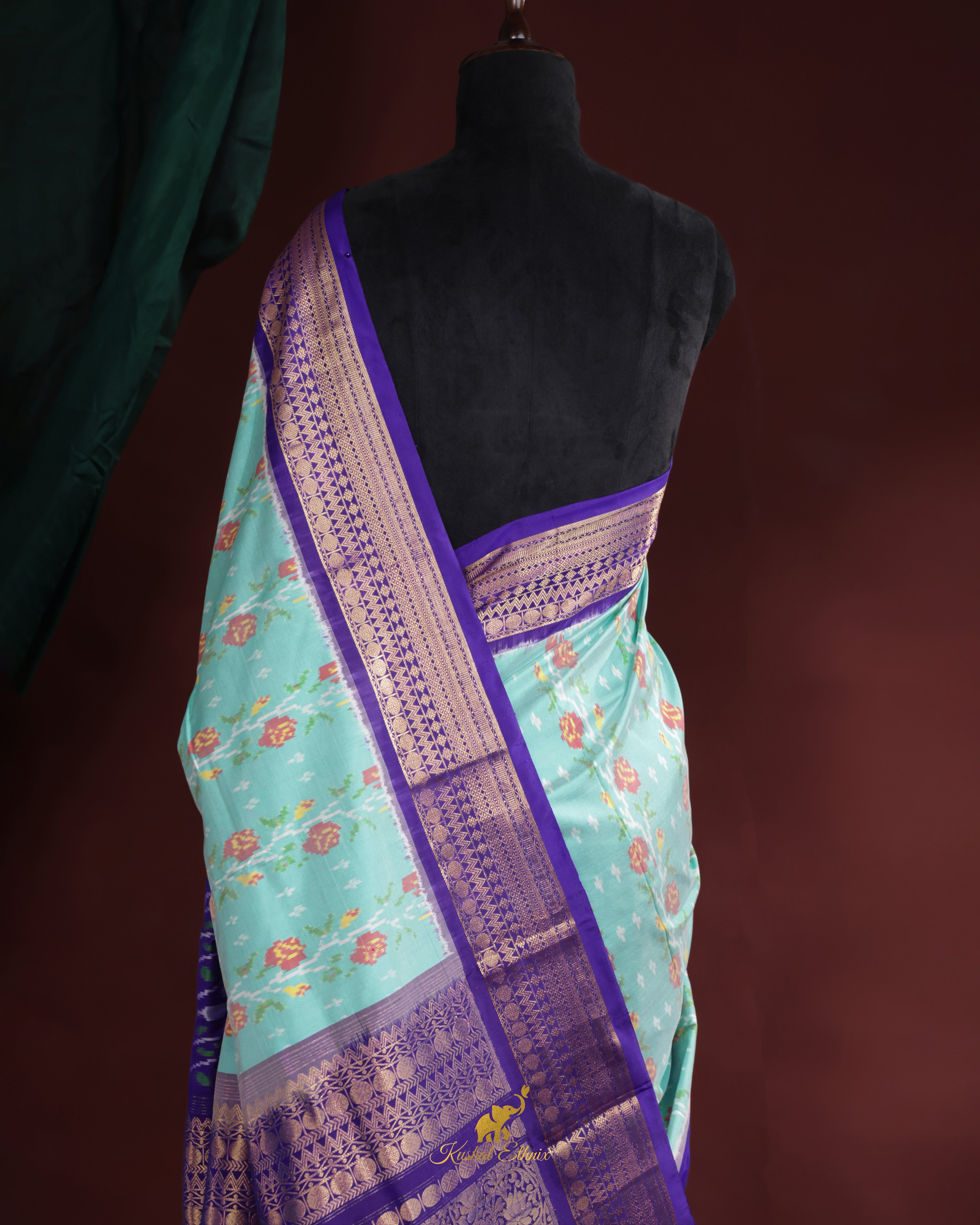 Sky Blue & Purple Twill Ikkat Silk Saree