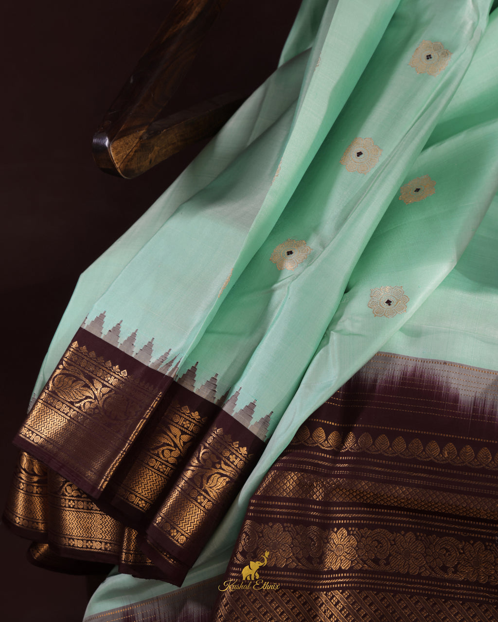 Mint Green Gadwal Pattu Saree with Temple Border