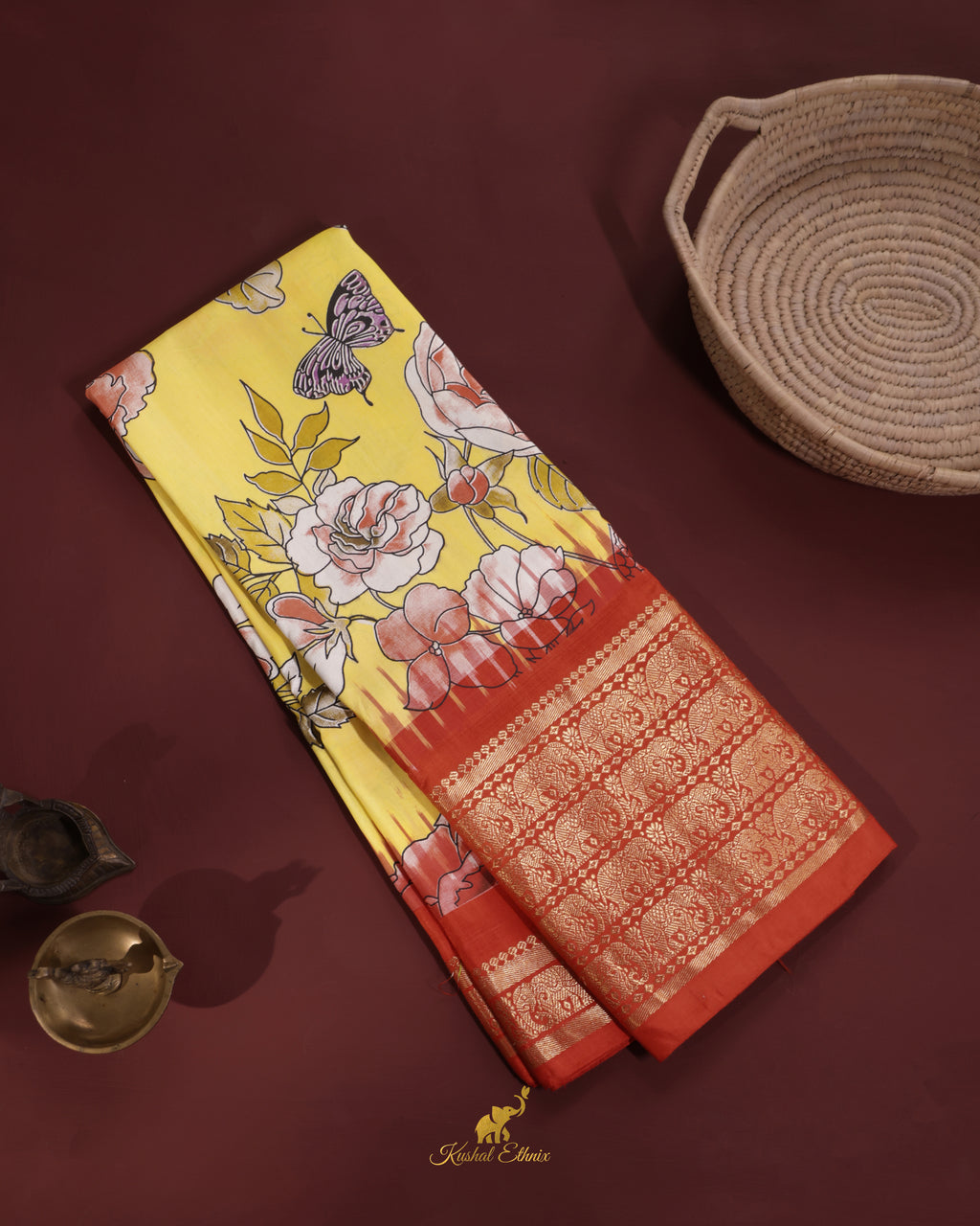 Yellow Ikkat Digital Print Saree with Kanchi Border