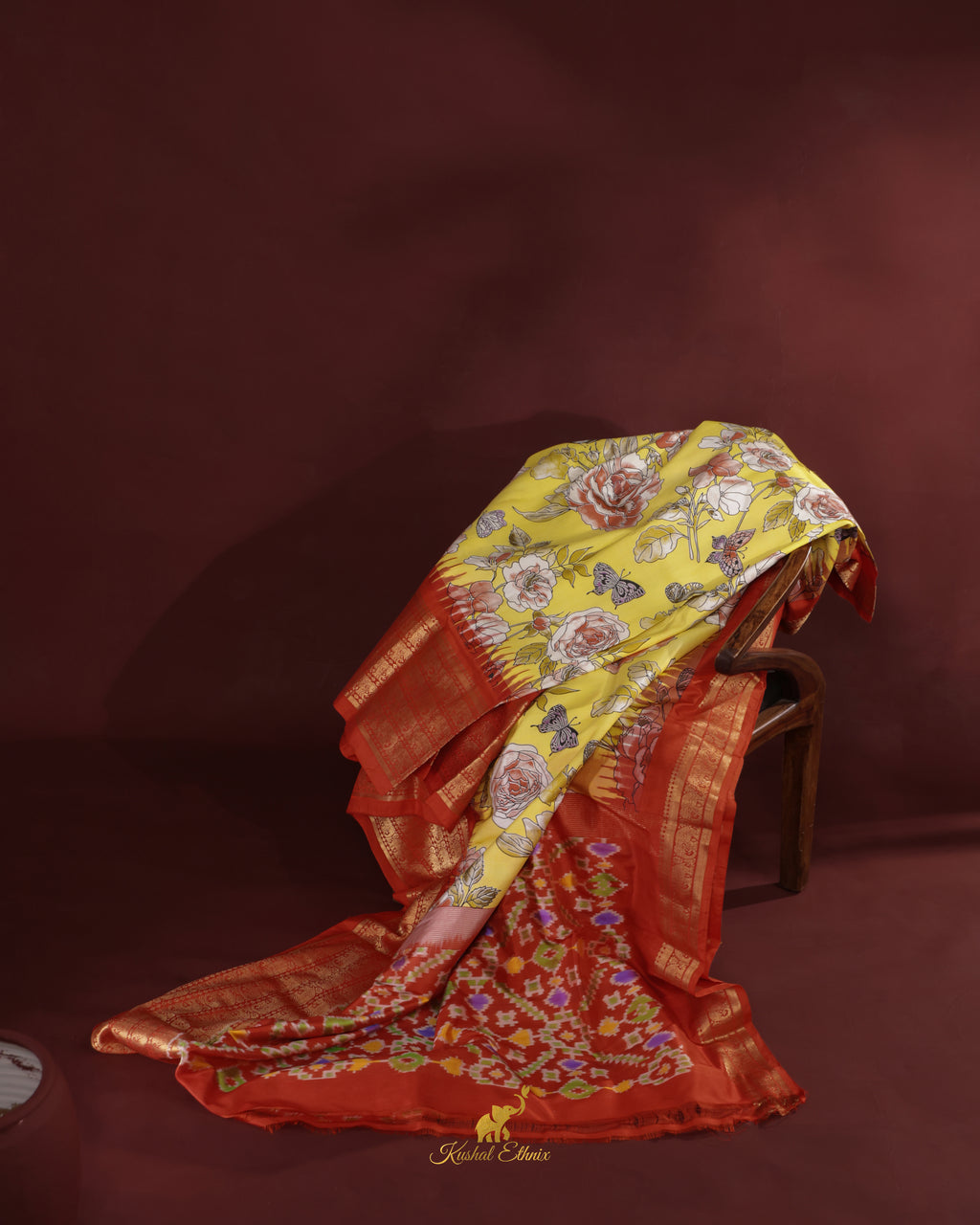 Yellow Ikkat Digital Print Saree with Kanchi Border