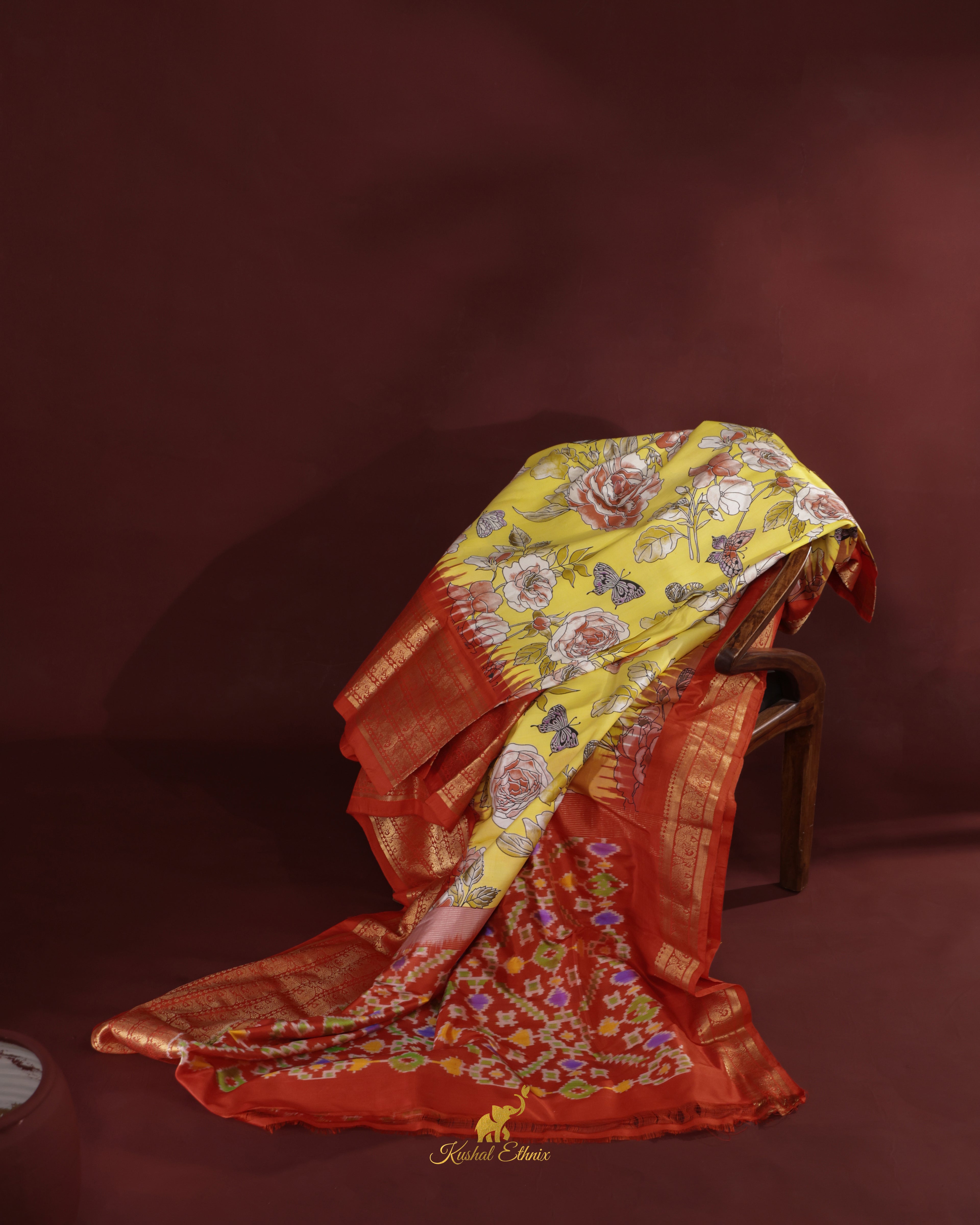 Yellow Ikkat Digital Print Saree with Kanchi Border