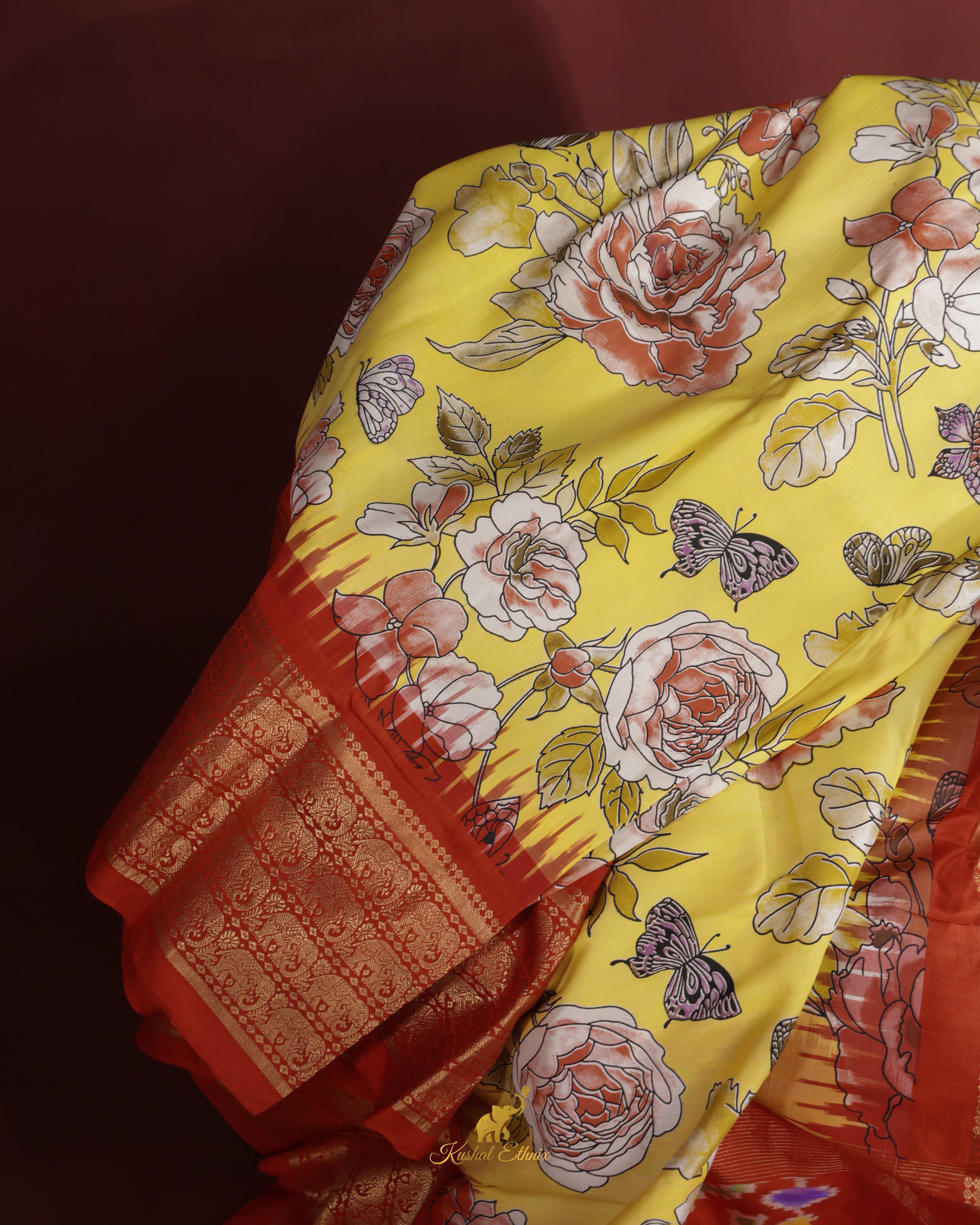 Yellow Ikkat Digital Print Saree with Kanchi Border