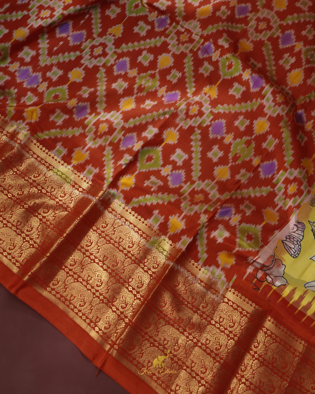 Yellow Ikkat Digital Print Saree with Kanchi Border