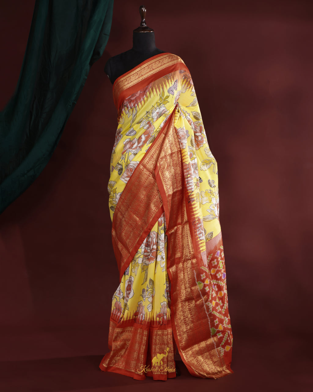 Yellow Ikkat Digital Print Saree with Kanchi Border