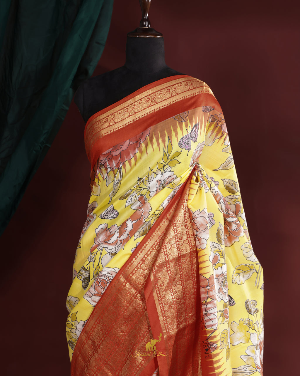 Yellow Ikkat Digital Print Saree with Kanchi Border