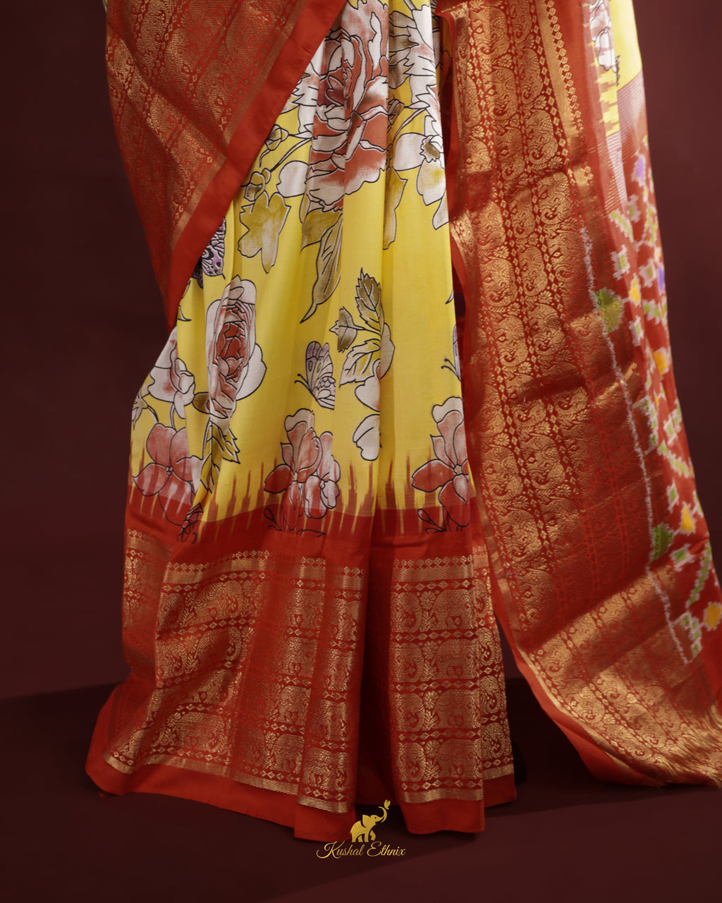 Yellow Ikkat Digital Print Saree with Kanchi Border