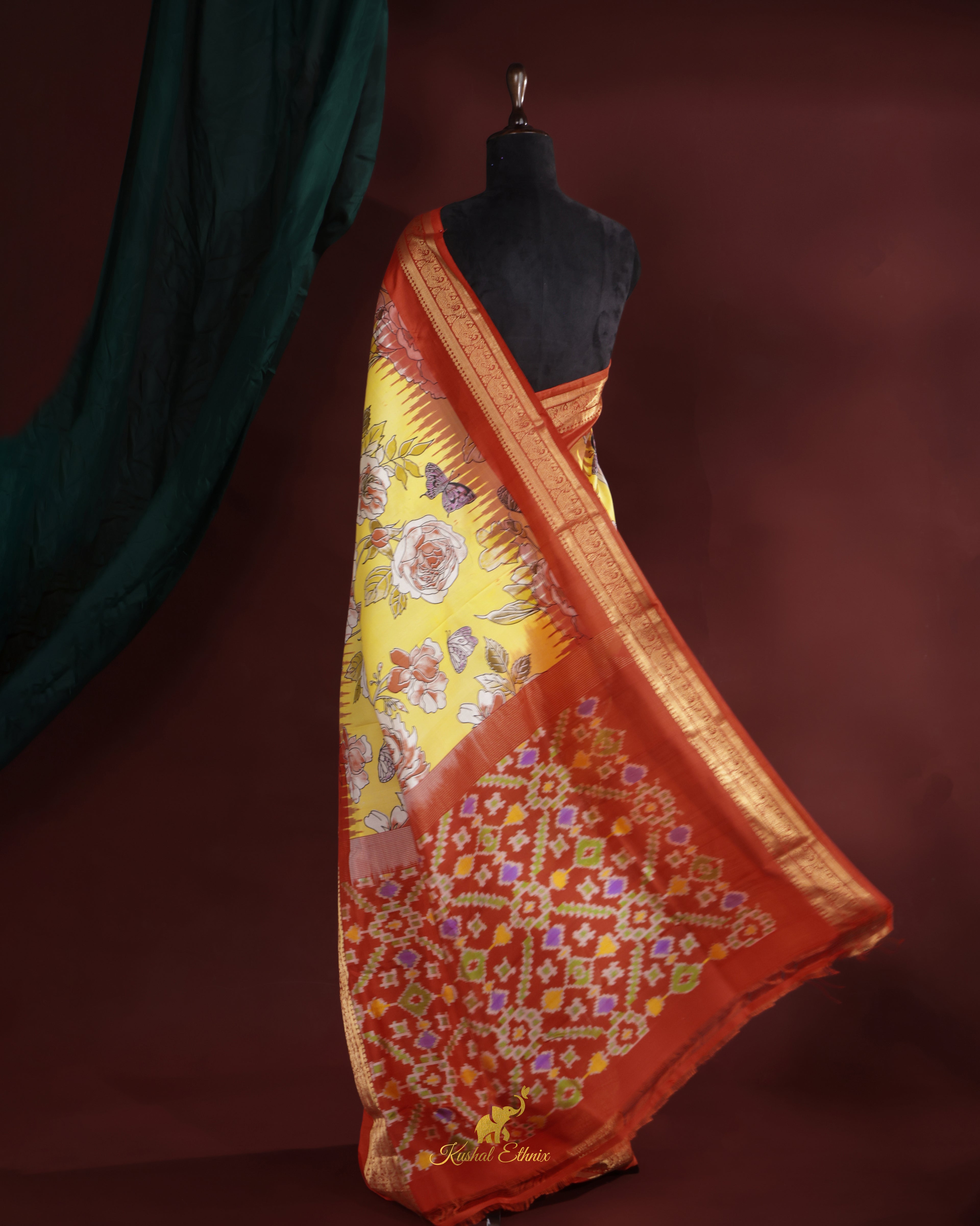 Yellow Ikkat Digital Print Saree with Kanchi Border