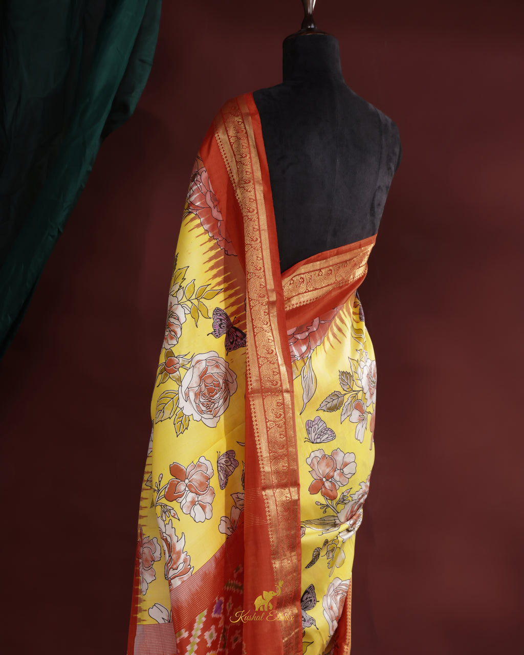 Yellow Ikkat Digital Print Saree with Kanchi Border