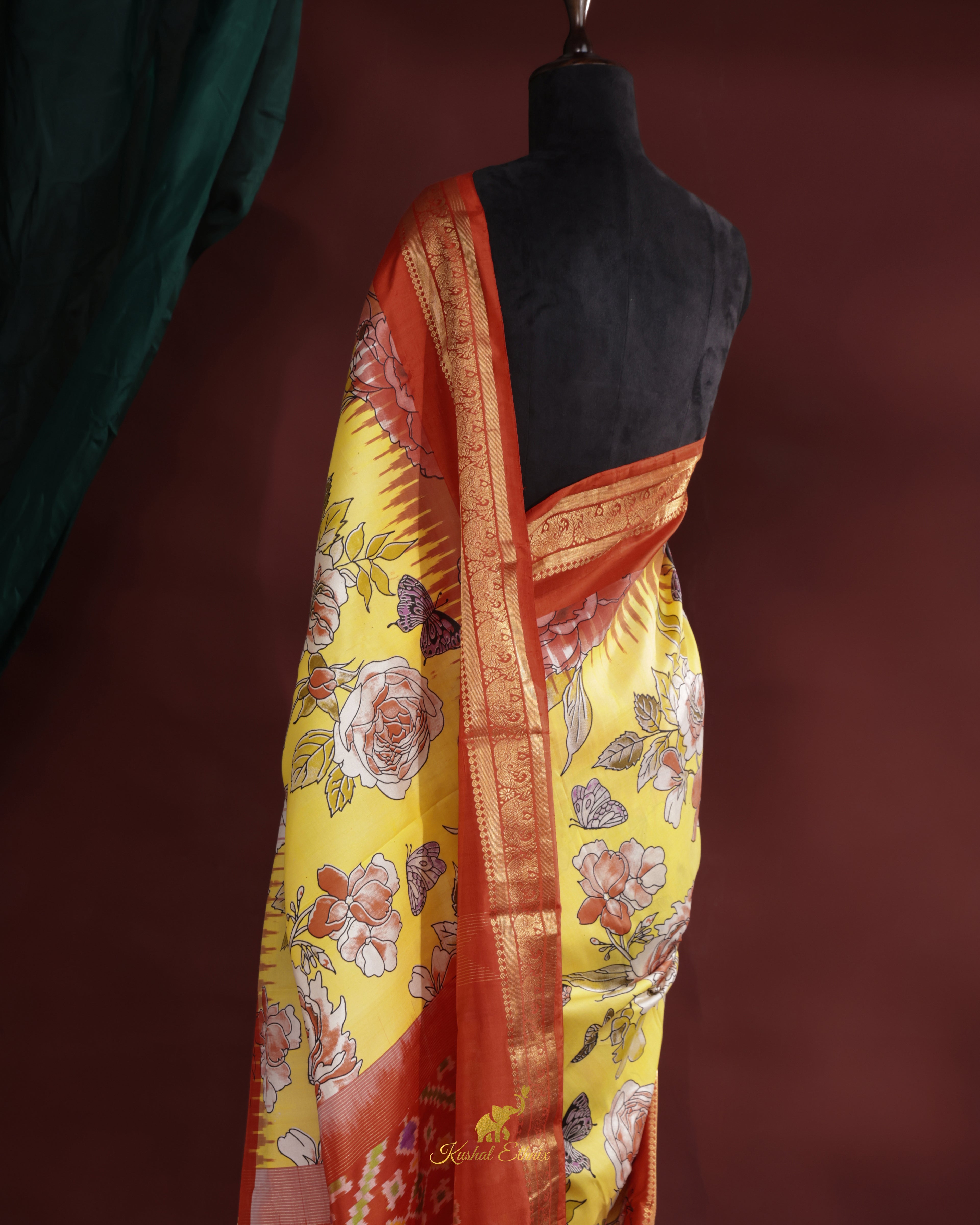 Yellow Ikkat Digital Print Saree with Kanchi Border