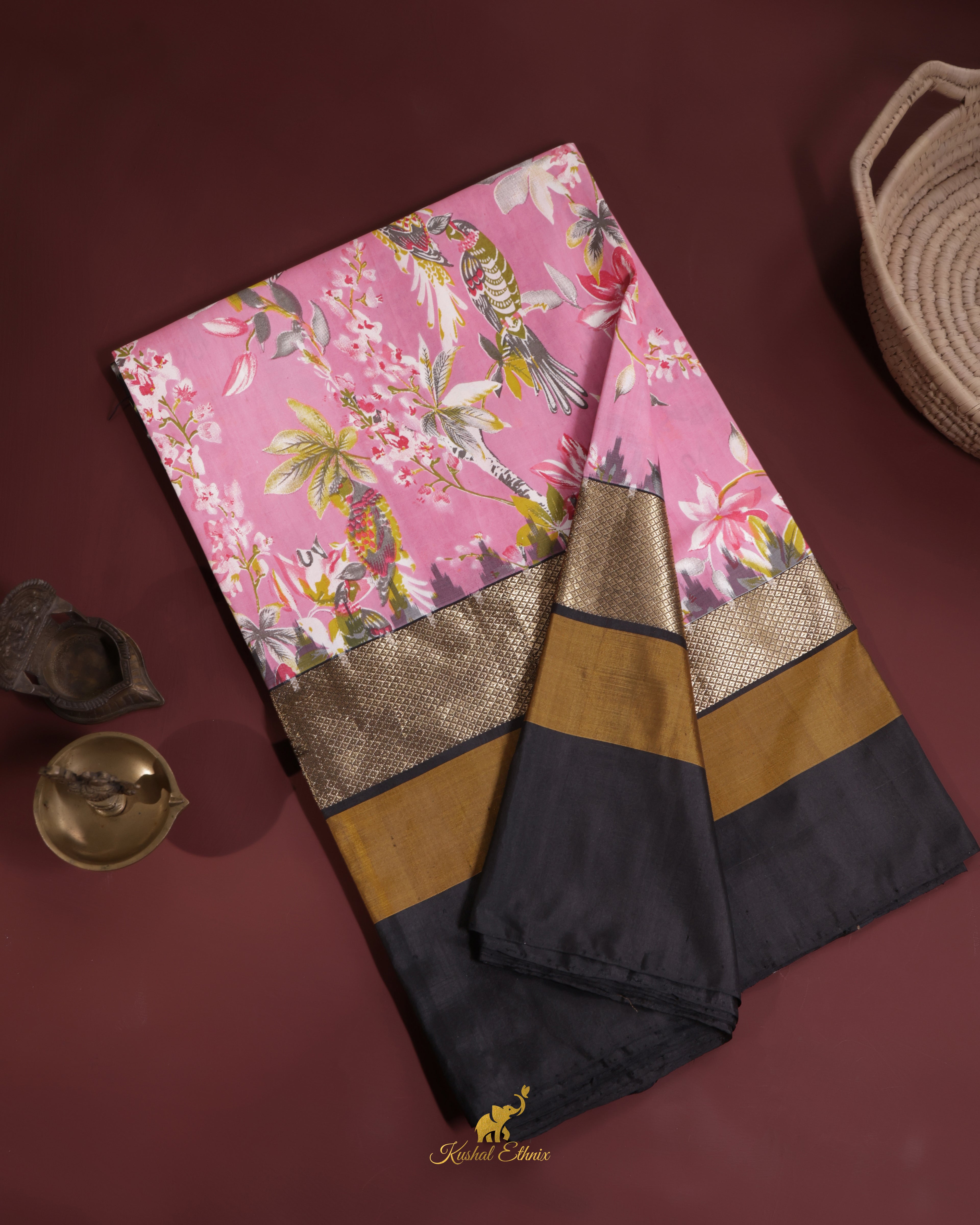 Pink Ikkat Print Saree with Kanchi Border