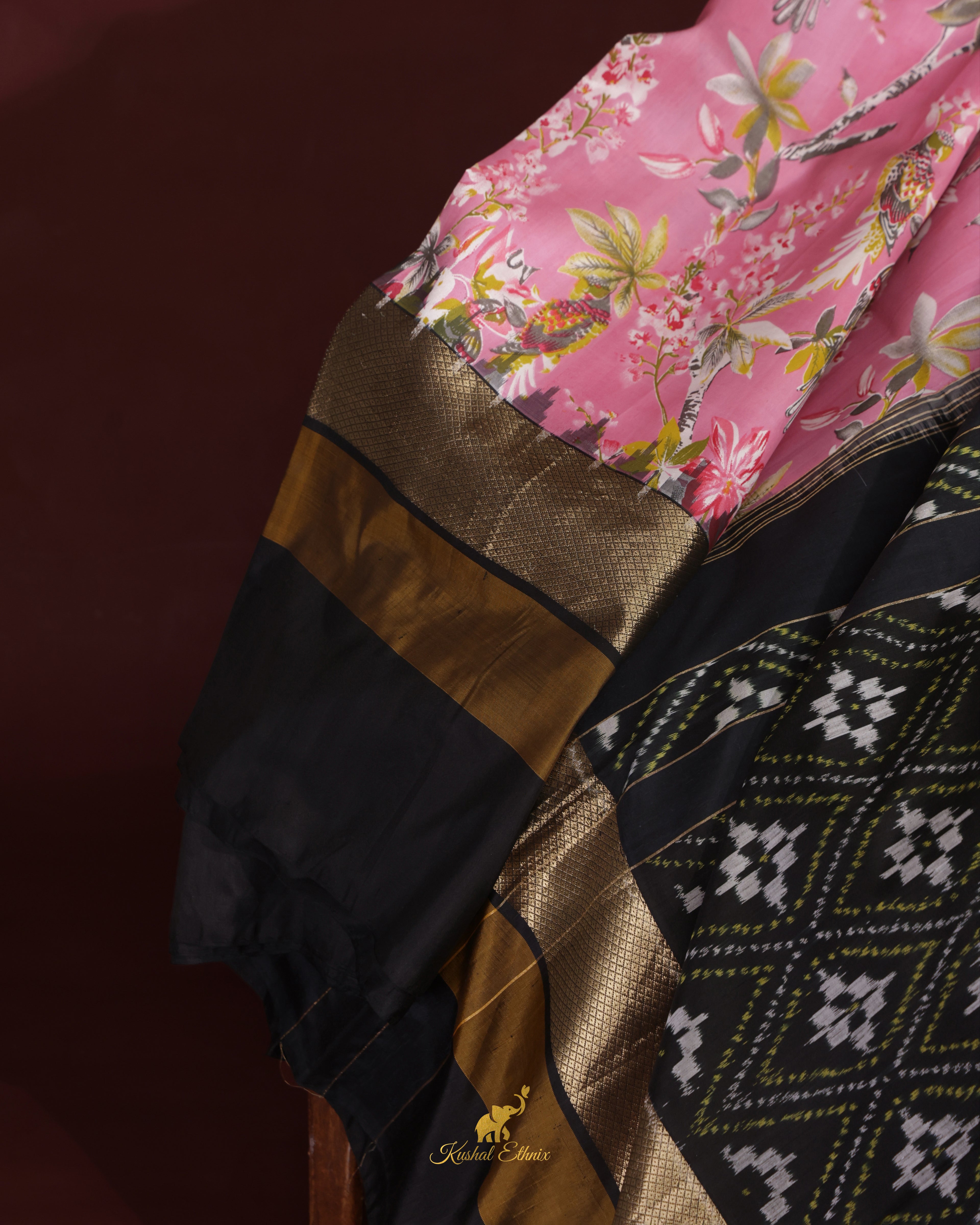 Pink Ikkat Print Saree with Kanchi Border