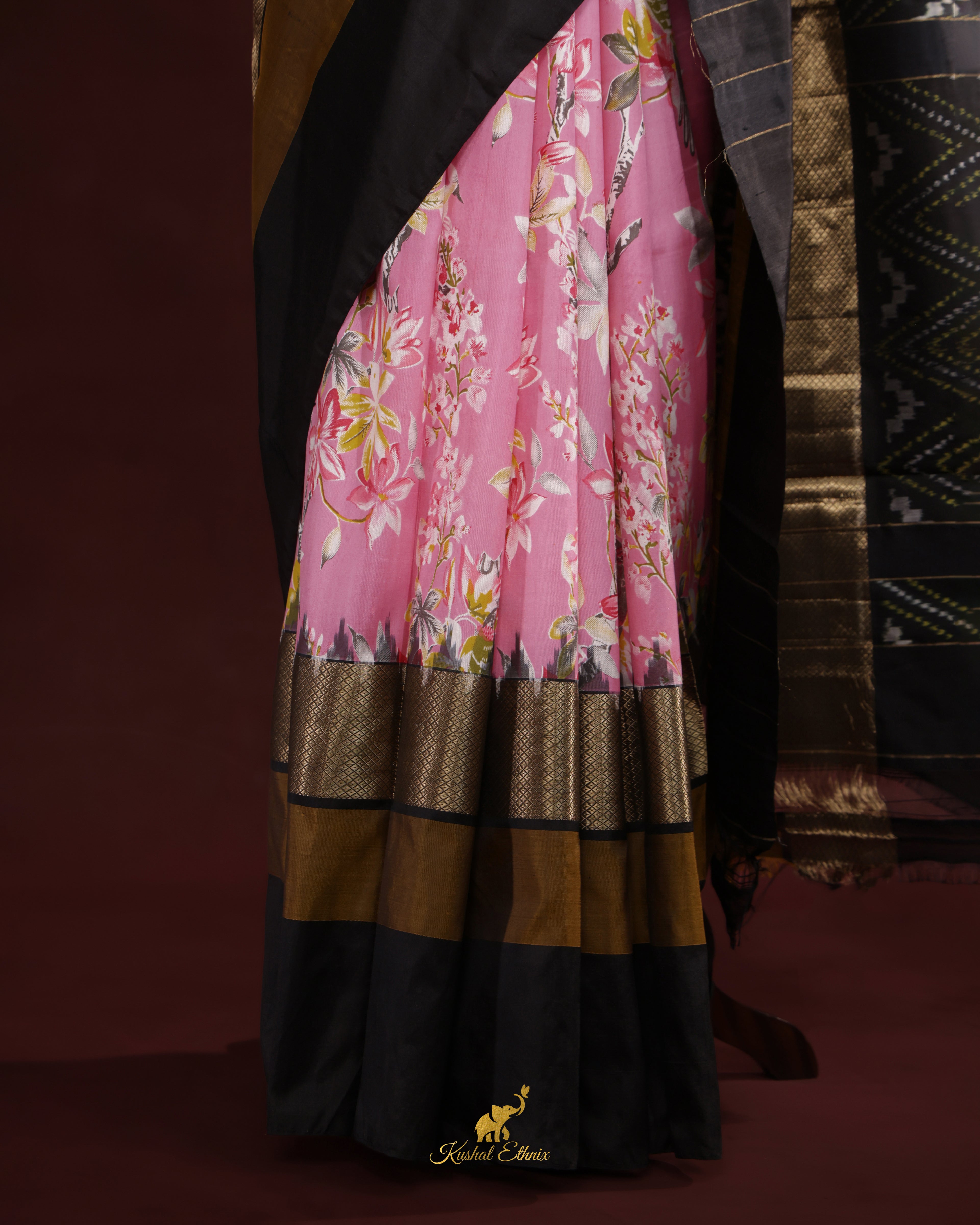 Pink Ikkat Print Saree with Kanchi Border