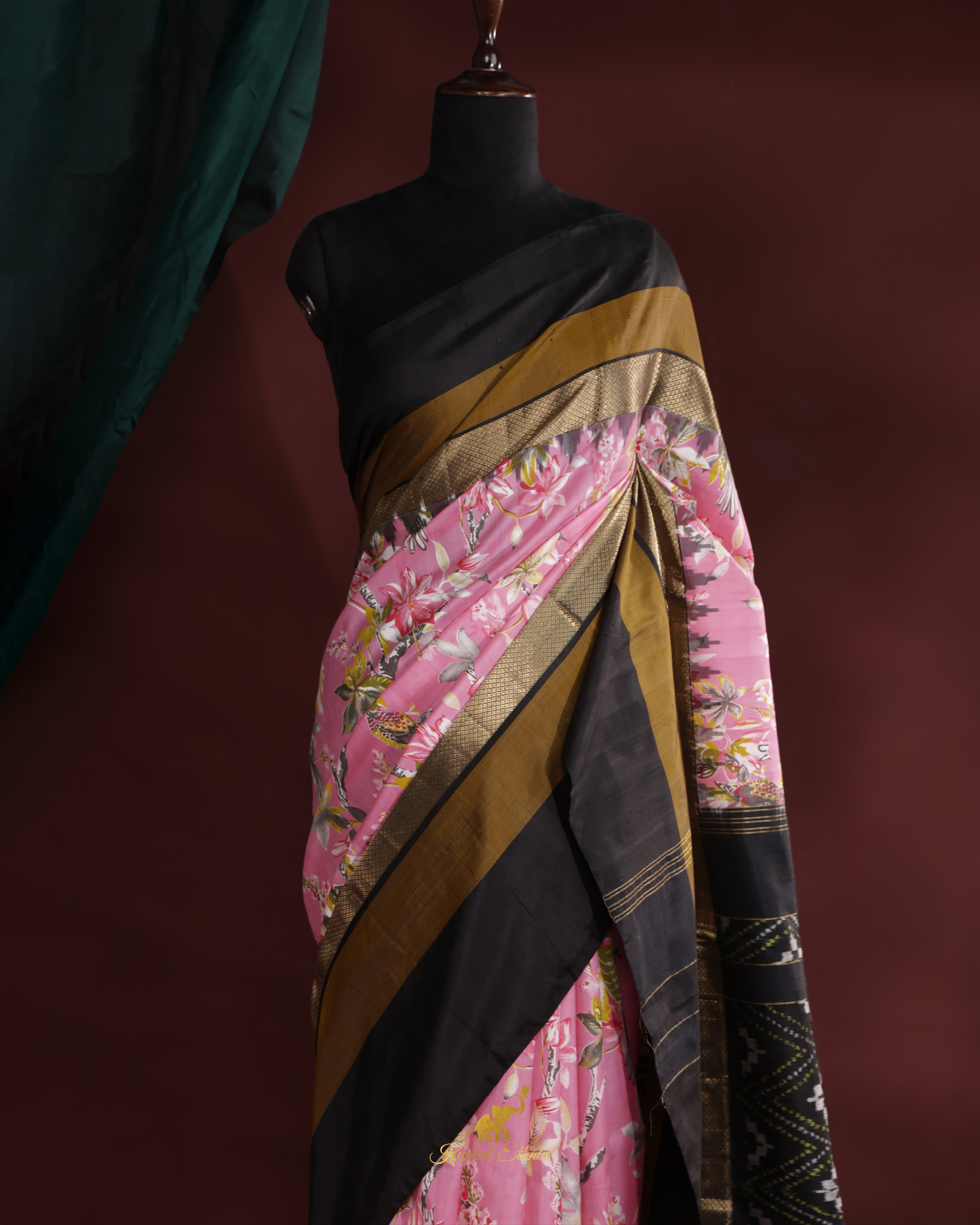 Pink Ikkat Print Saree with Kanchi Border