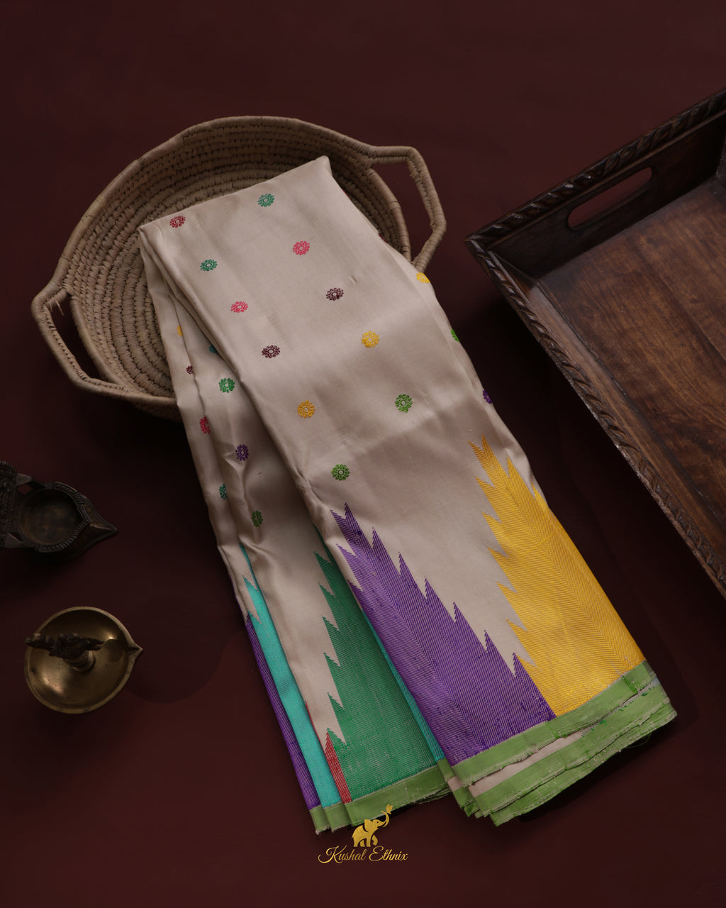 Off-White Gadwal Saree with Multicolour Temple Border