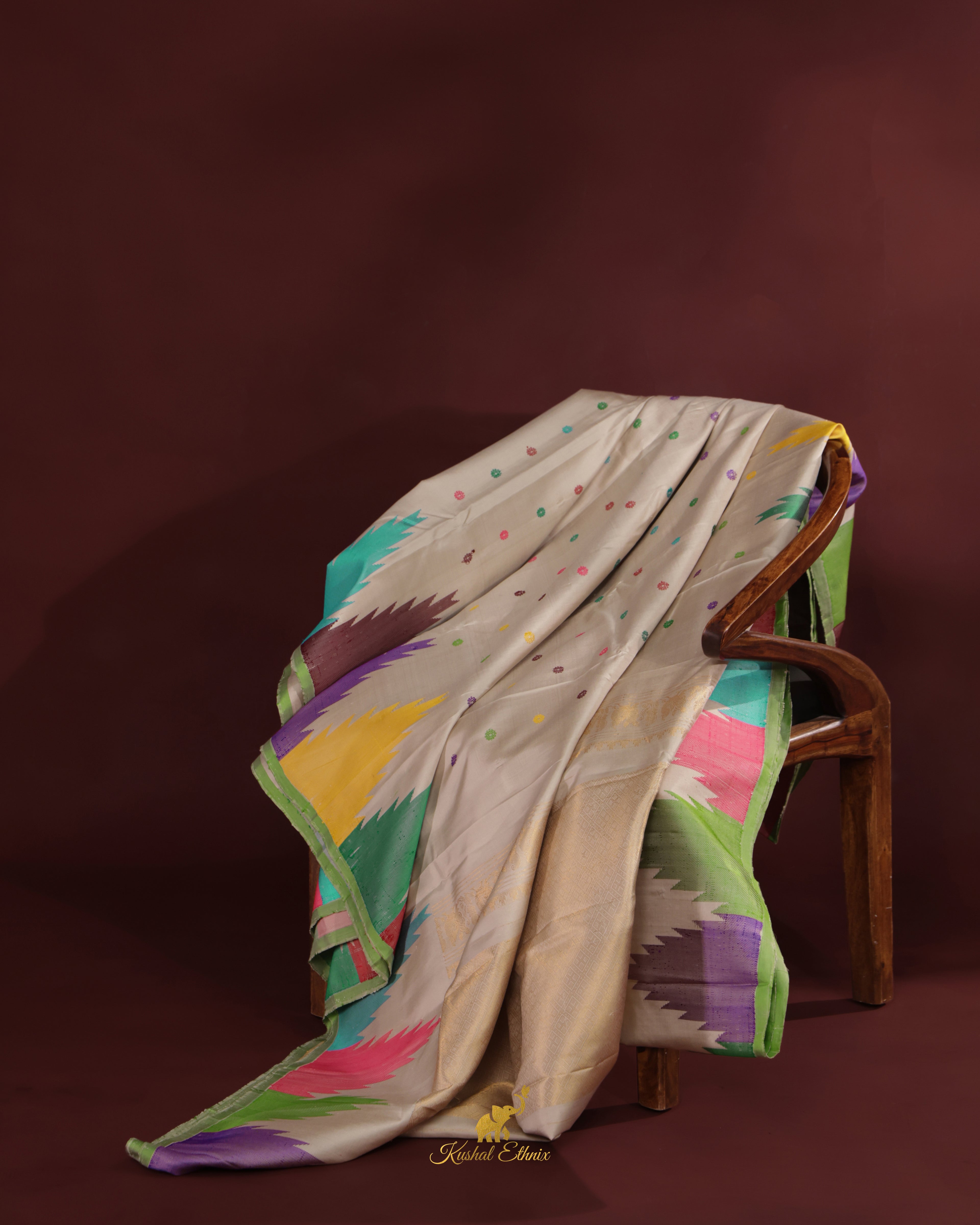 Off-White Gadwal Saree with Multicolour Temple Border