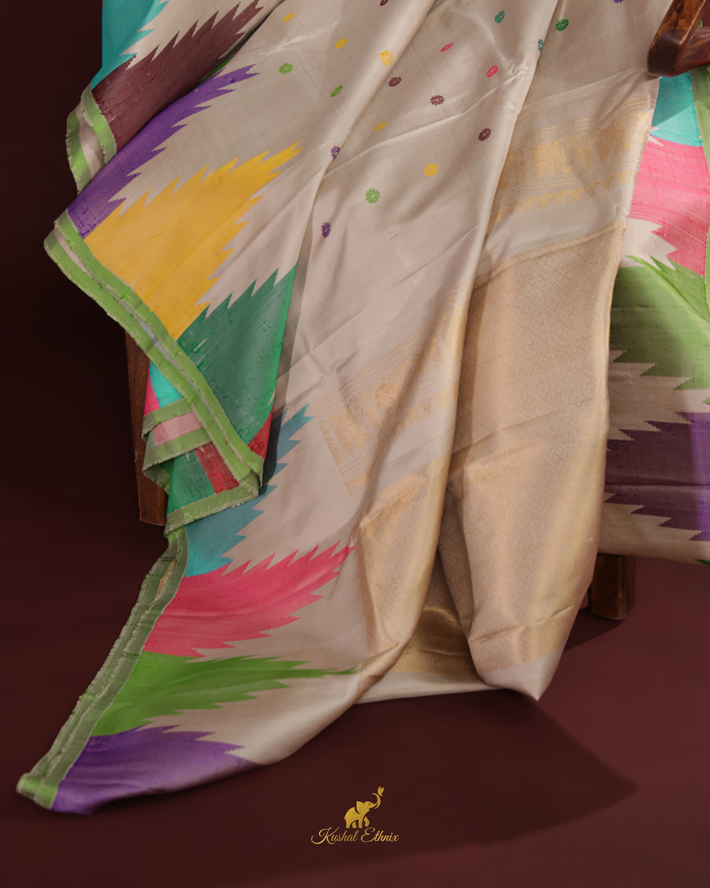 Off-White Gadwal Saree with Multicolour Temple Border
