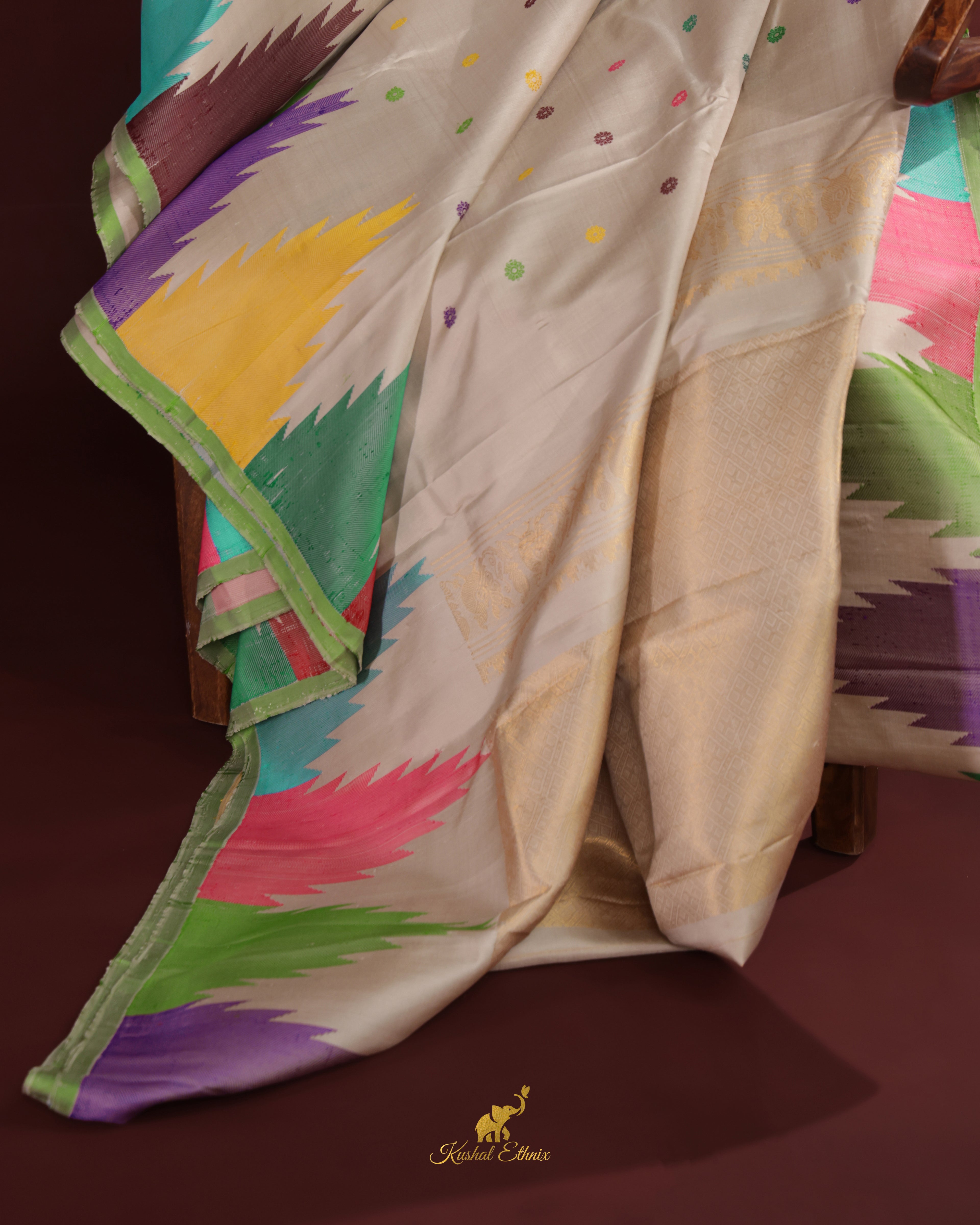 Off-White Gadwal Saree with Multicolour Temple Border