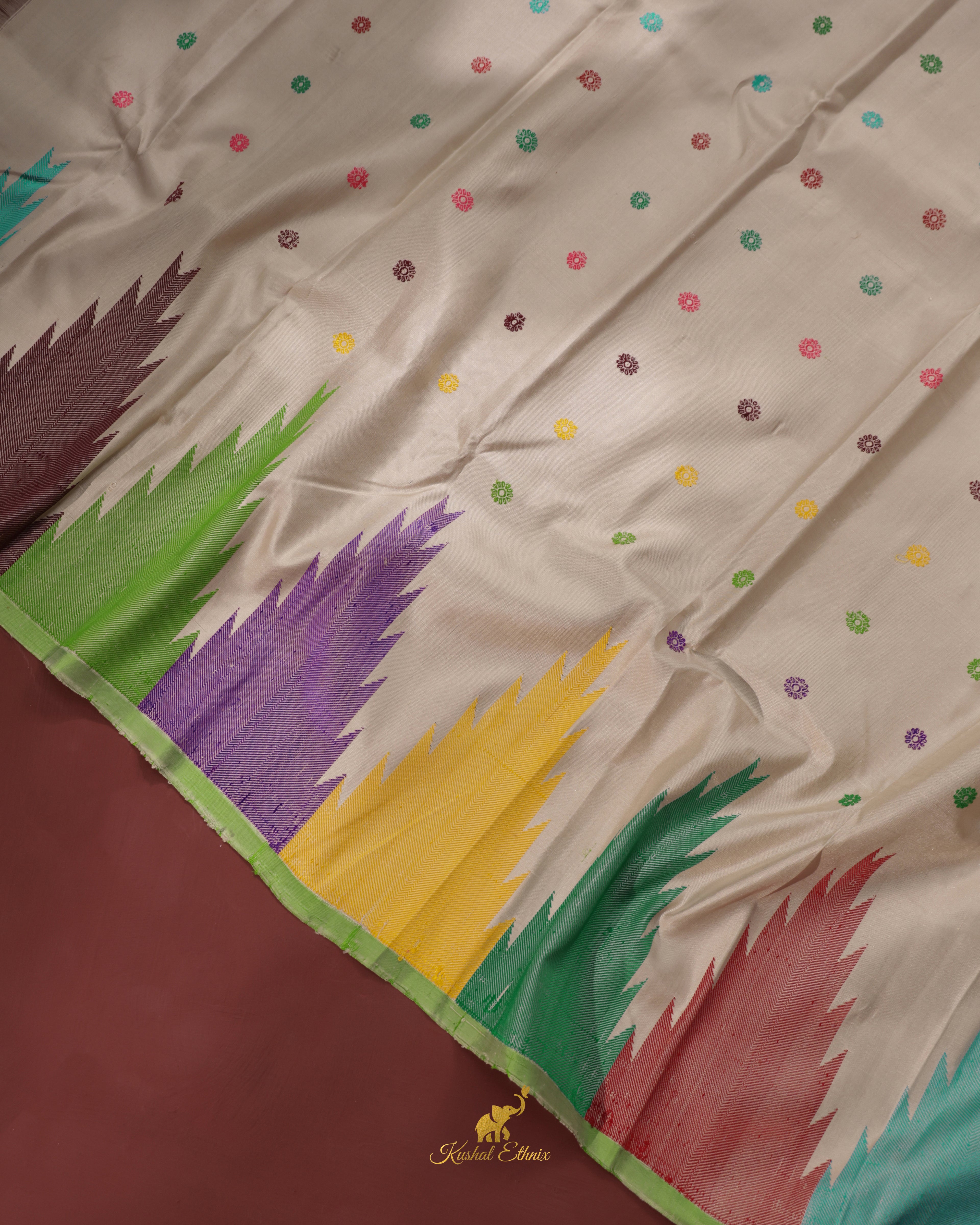 Off-White Gadwal Saree with Multicolour Temple Border