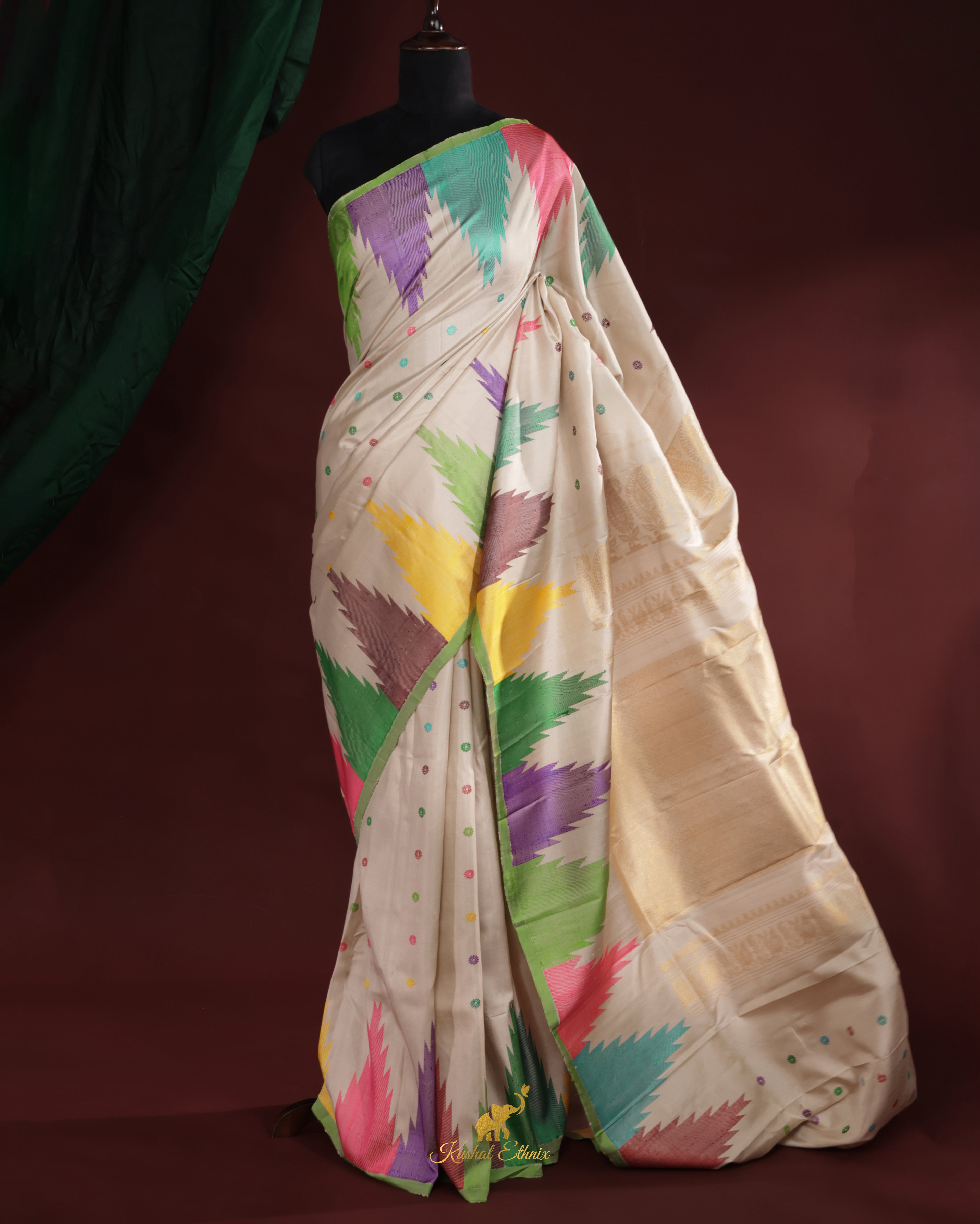 Off-White Gadwal Saree with Multicolour Temple Border