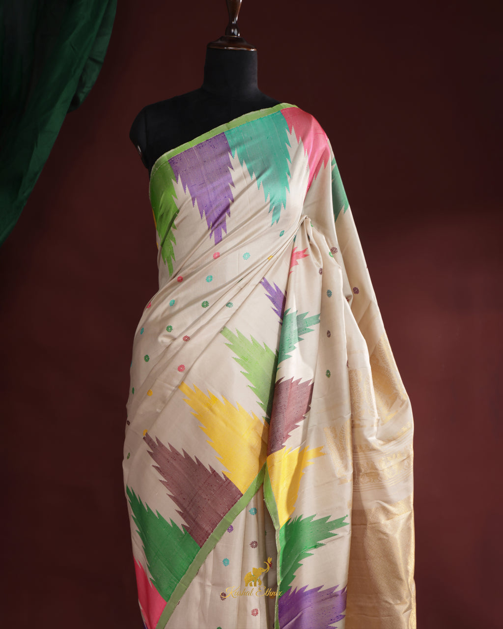 Off-White Gadwal Saree with Multicolour Temple Border