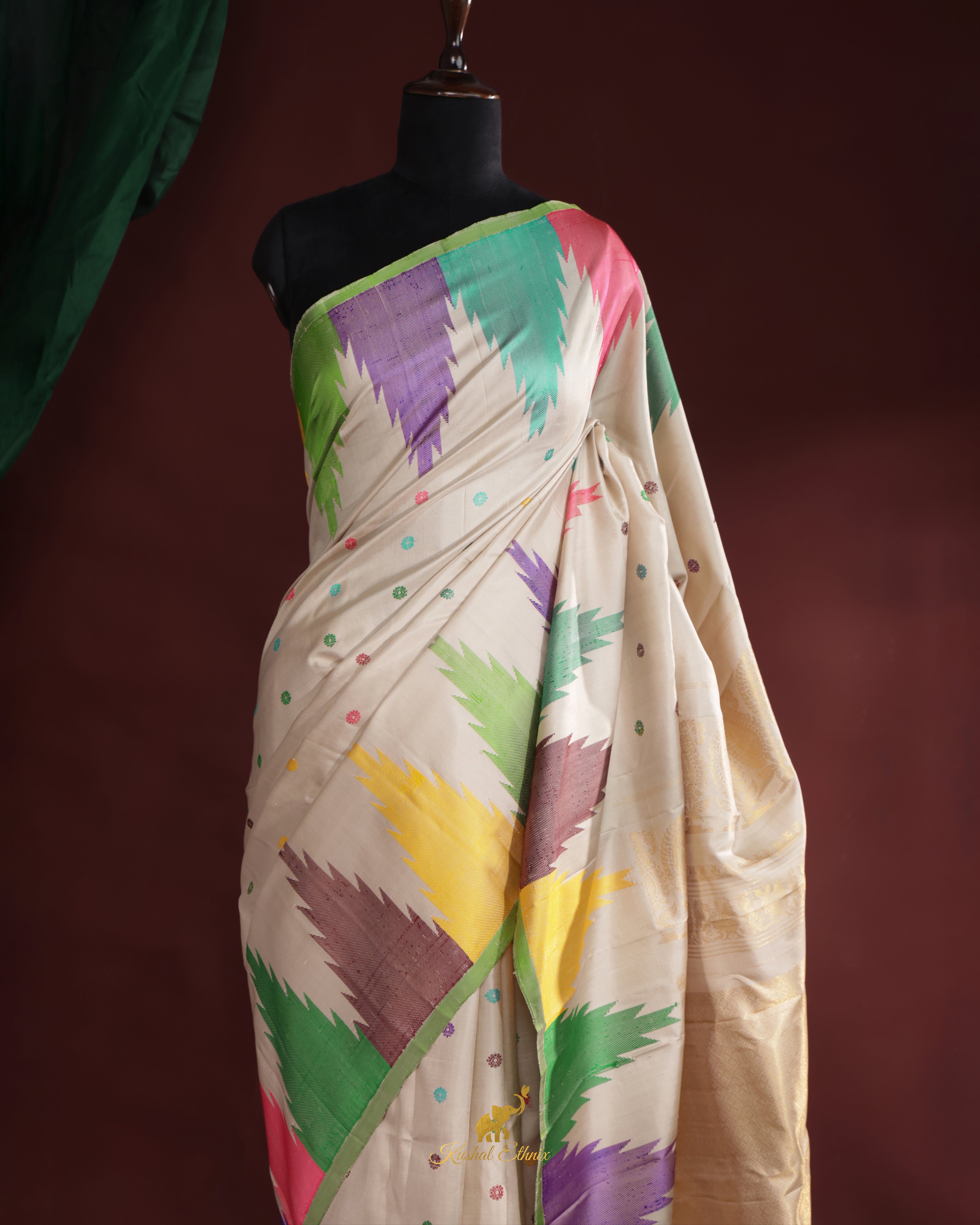 Off-White Gadwal Saree with Multicolour Temple Border