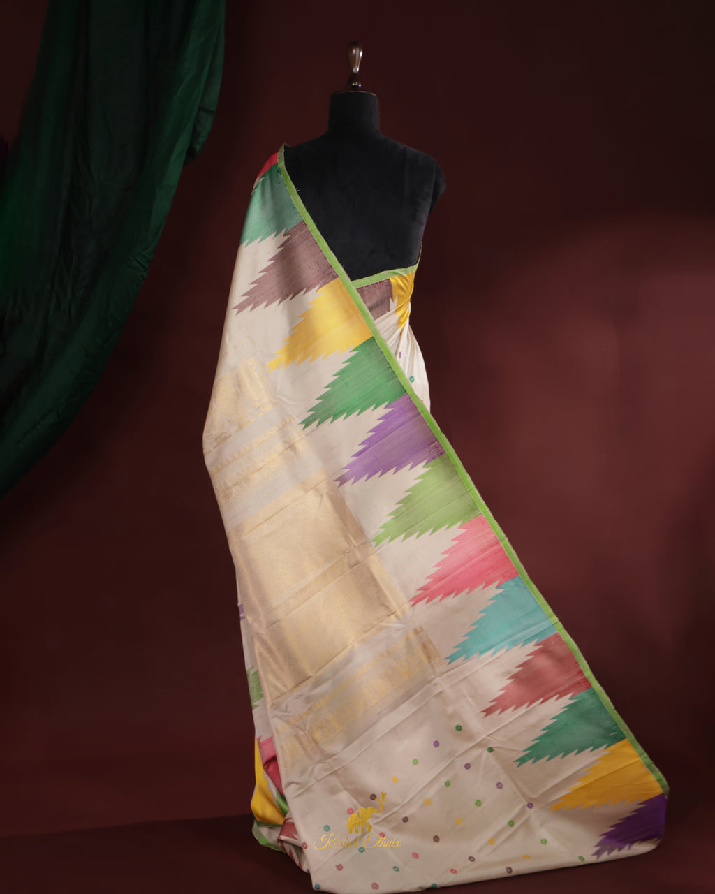 Off-White Gadwal Saree with Multicolour Temple Border