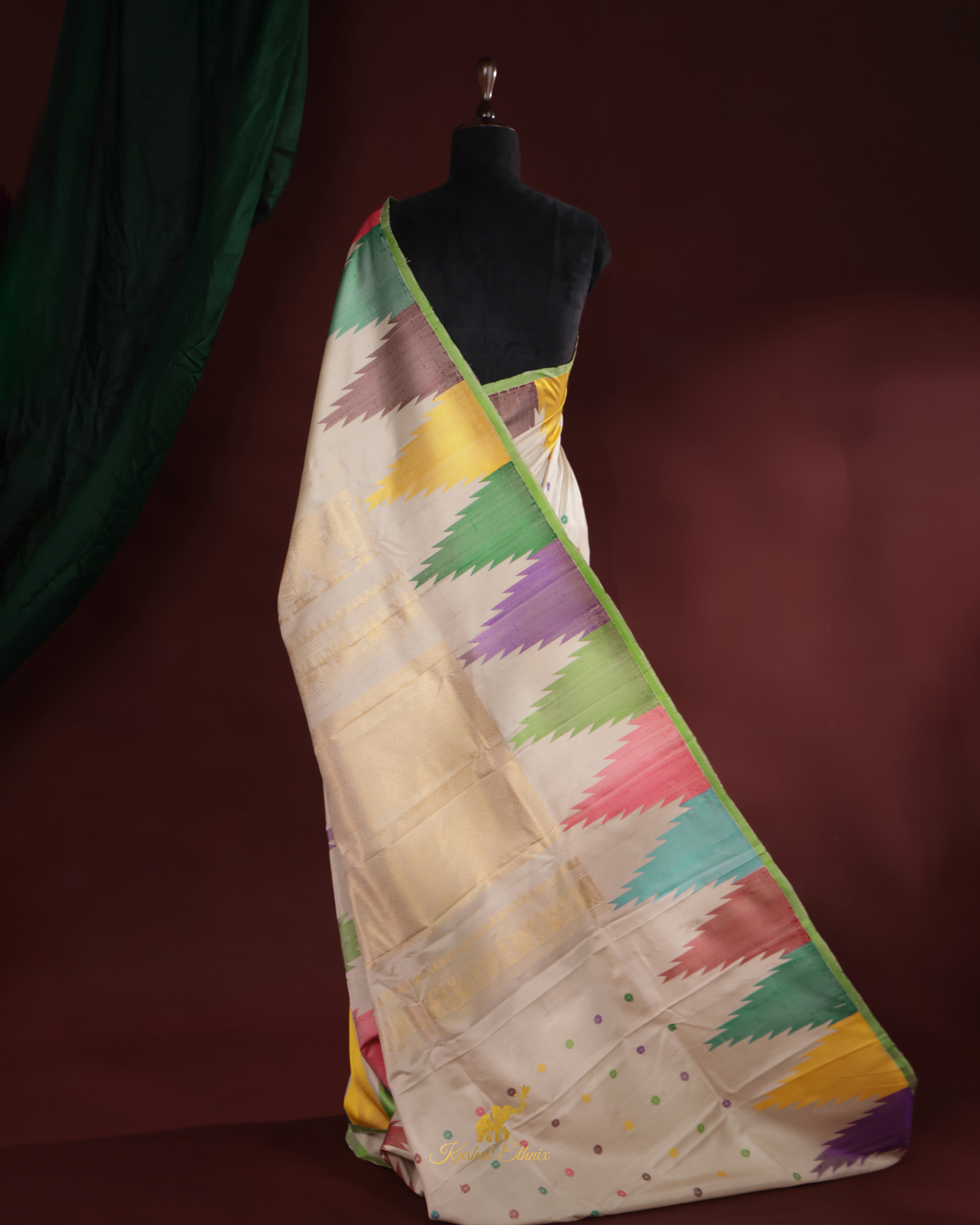 Off-White Gadwal Saree with Multicolour Temple Border