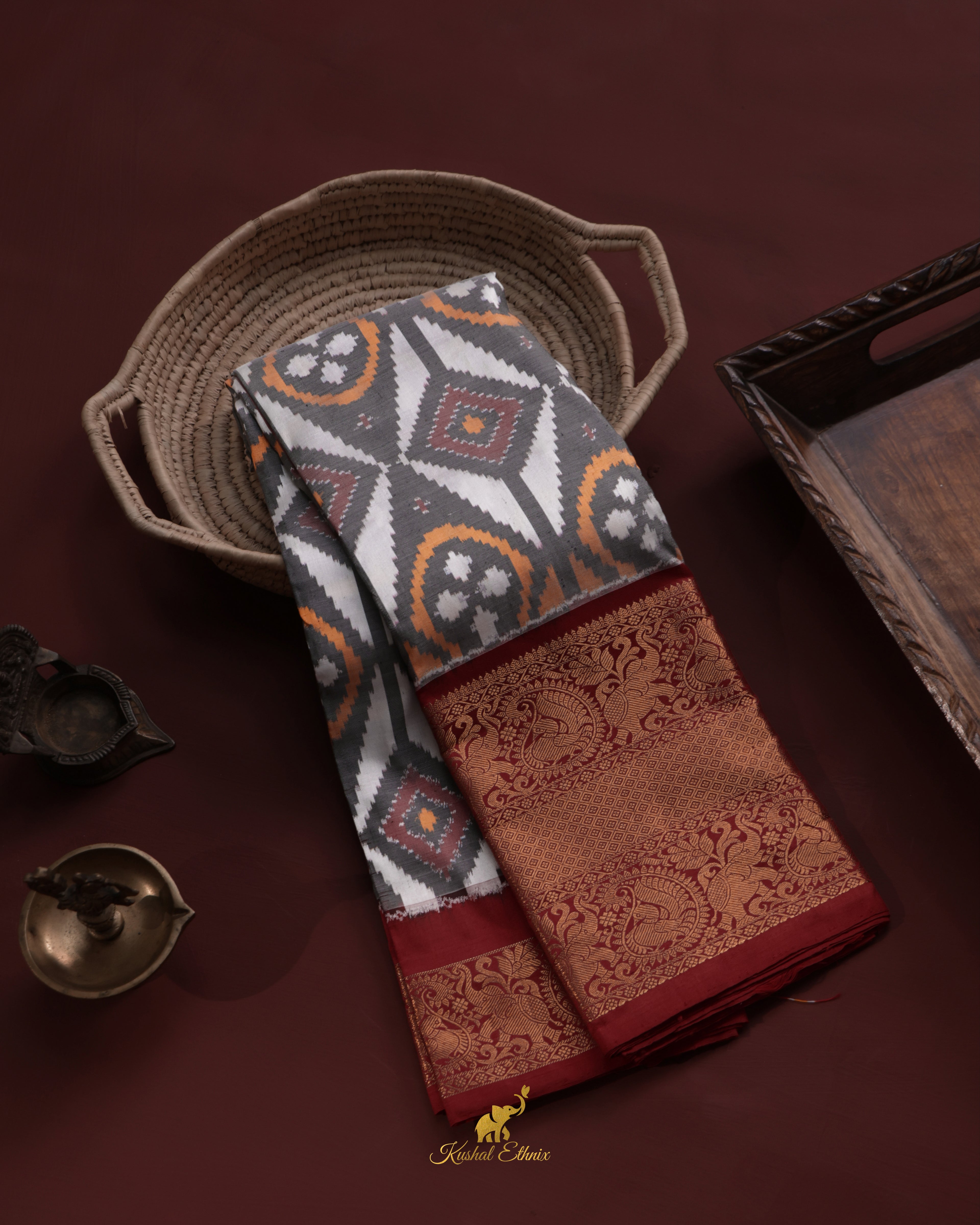Grey Twill Ikat Saree with Kanchi Border