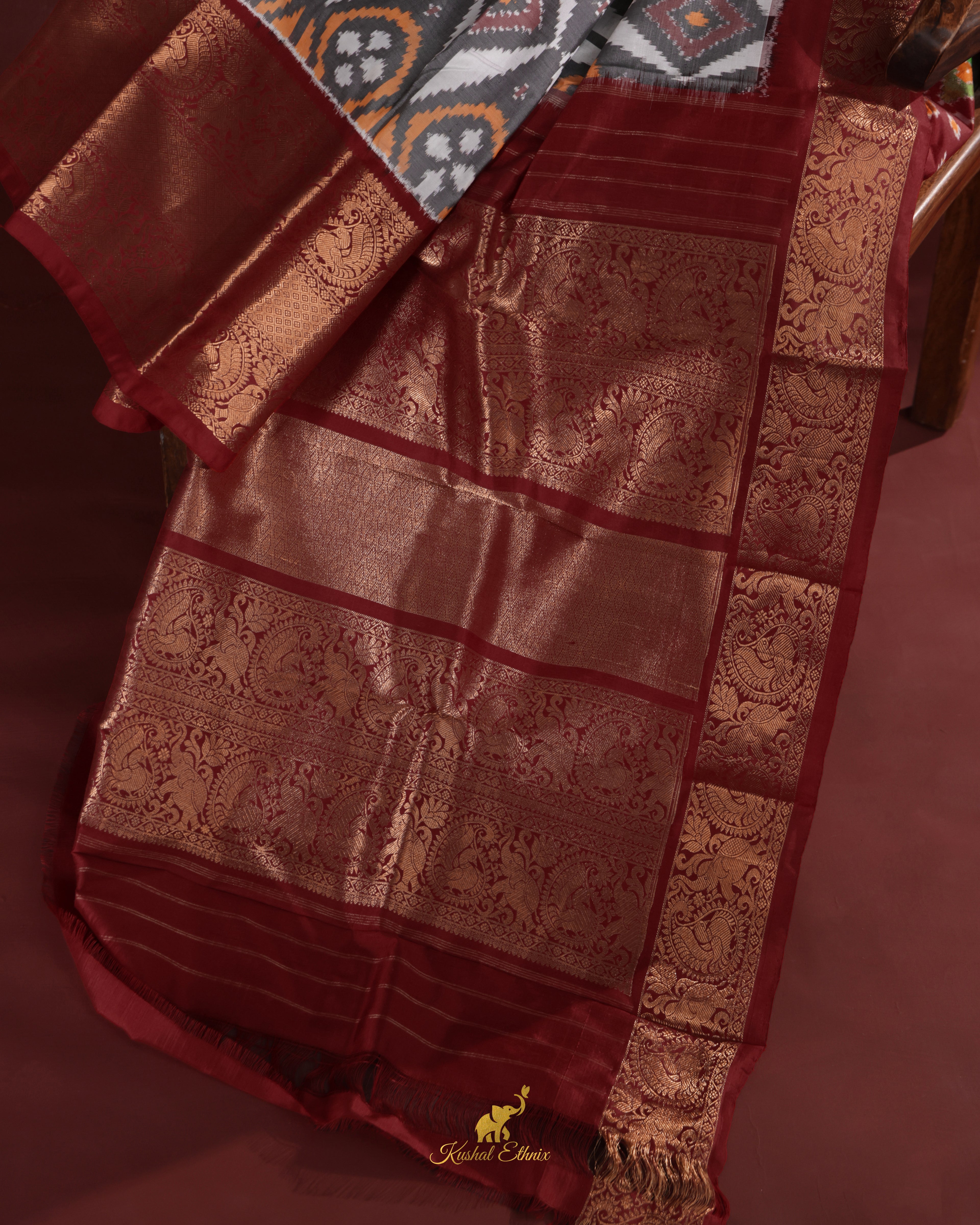 Grey Twill Ikat Saree with Kanchi Border
