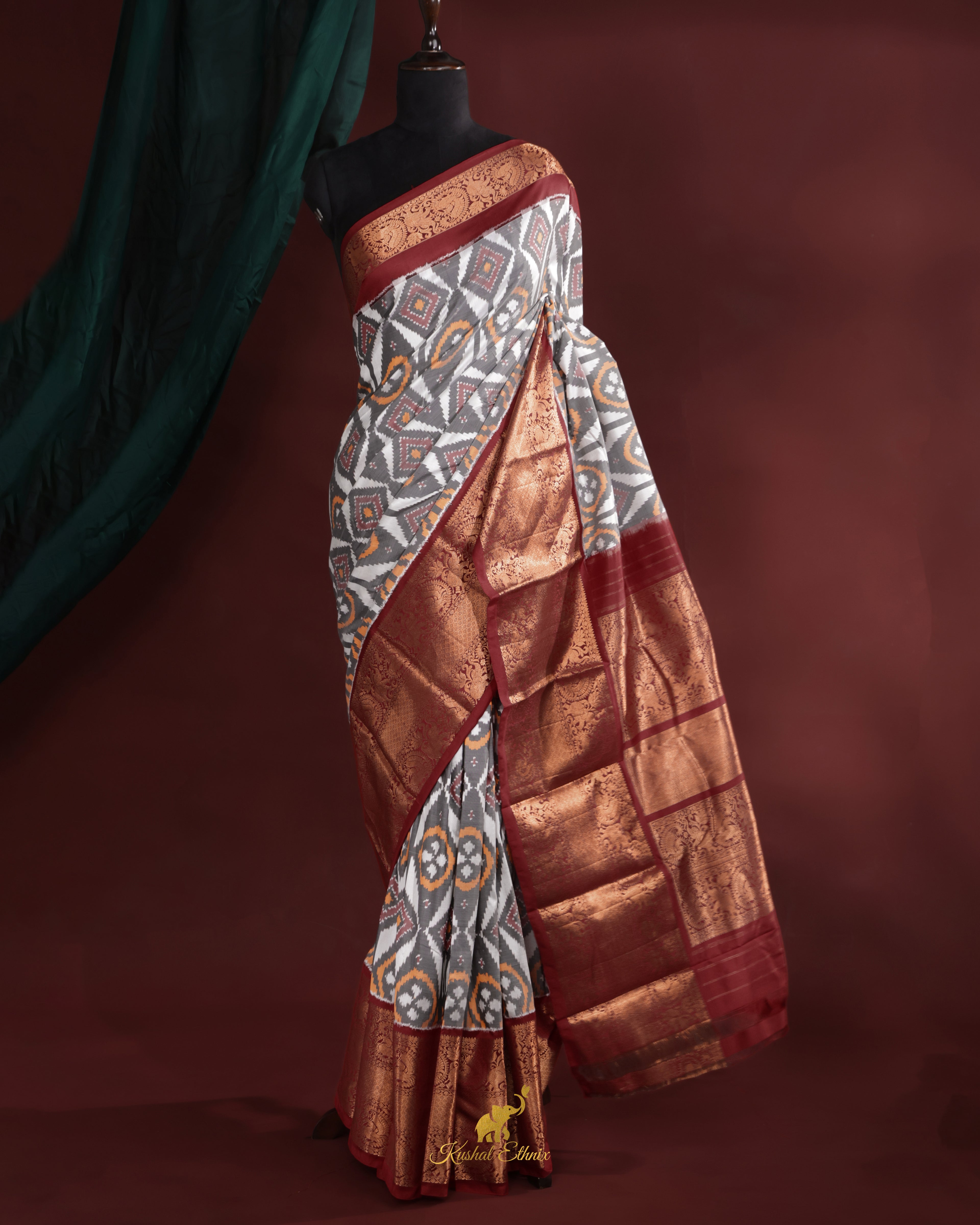 Grey Twill Ikat Saree with Kanchi Border