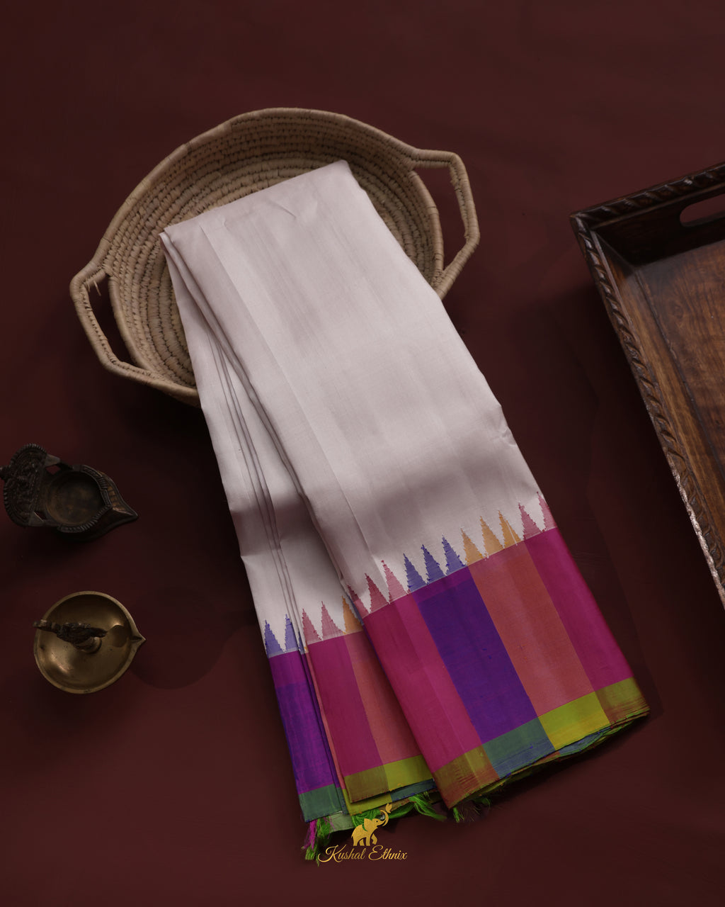 White Gadwal Saree with Multicolour Border