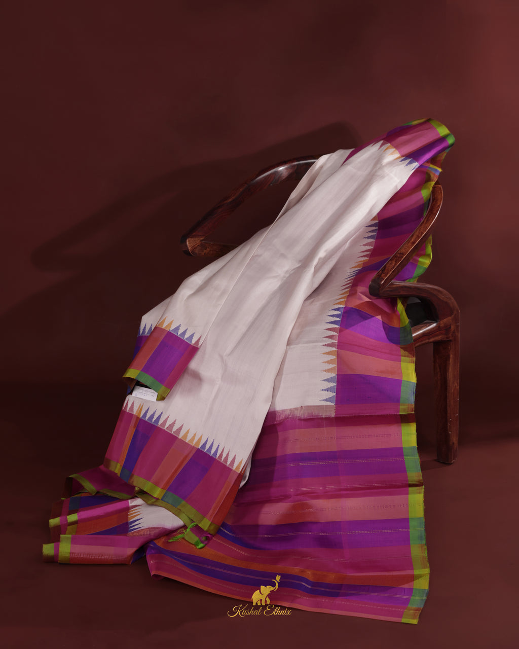 White Gadwal Saree with Multicolour Border