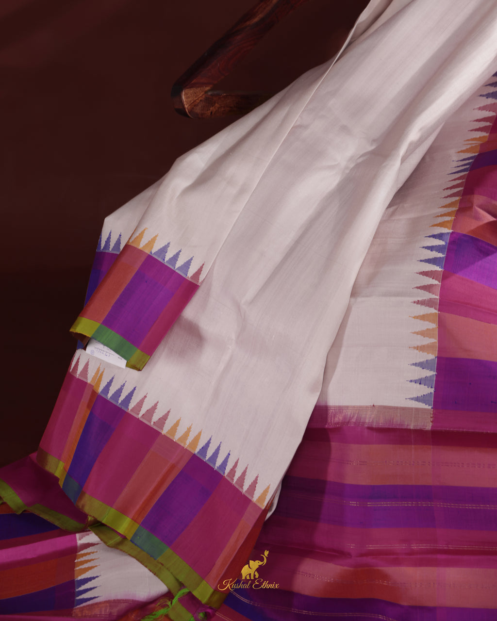 White Gadwal Saree with Multicolour Border