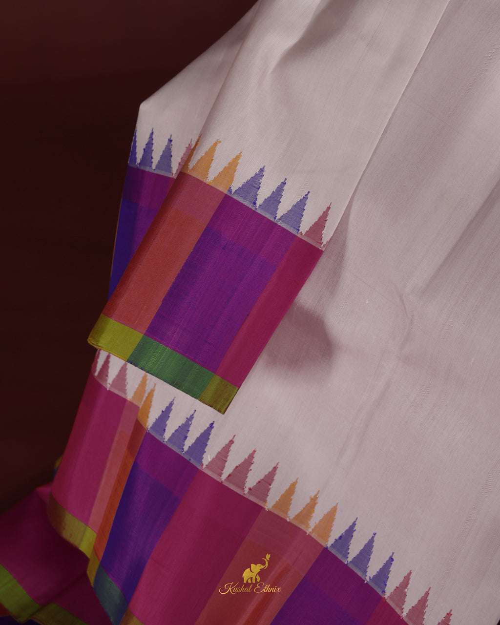 White Gadwal Saree with Multicolour Border